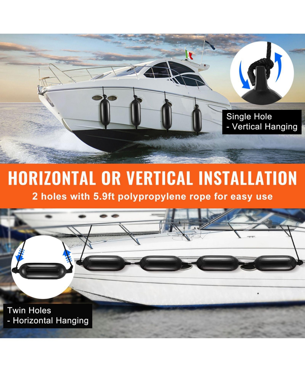 Mountaintop Boat Fenders, Inflatable Ribbed Docking Bumper, Center Holes, Air Pump, 4 Needles, 4 Ropes and Storage Bag for Marine Boats