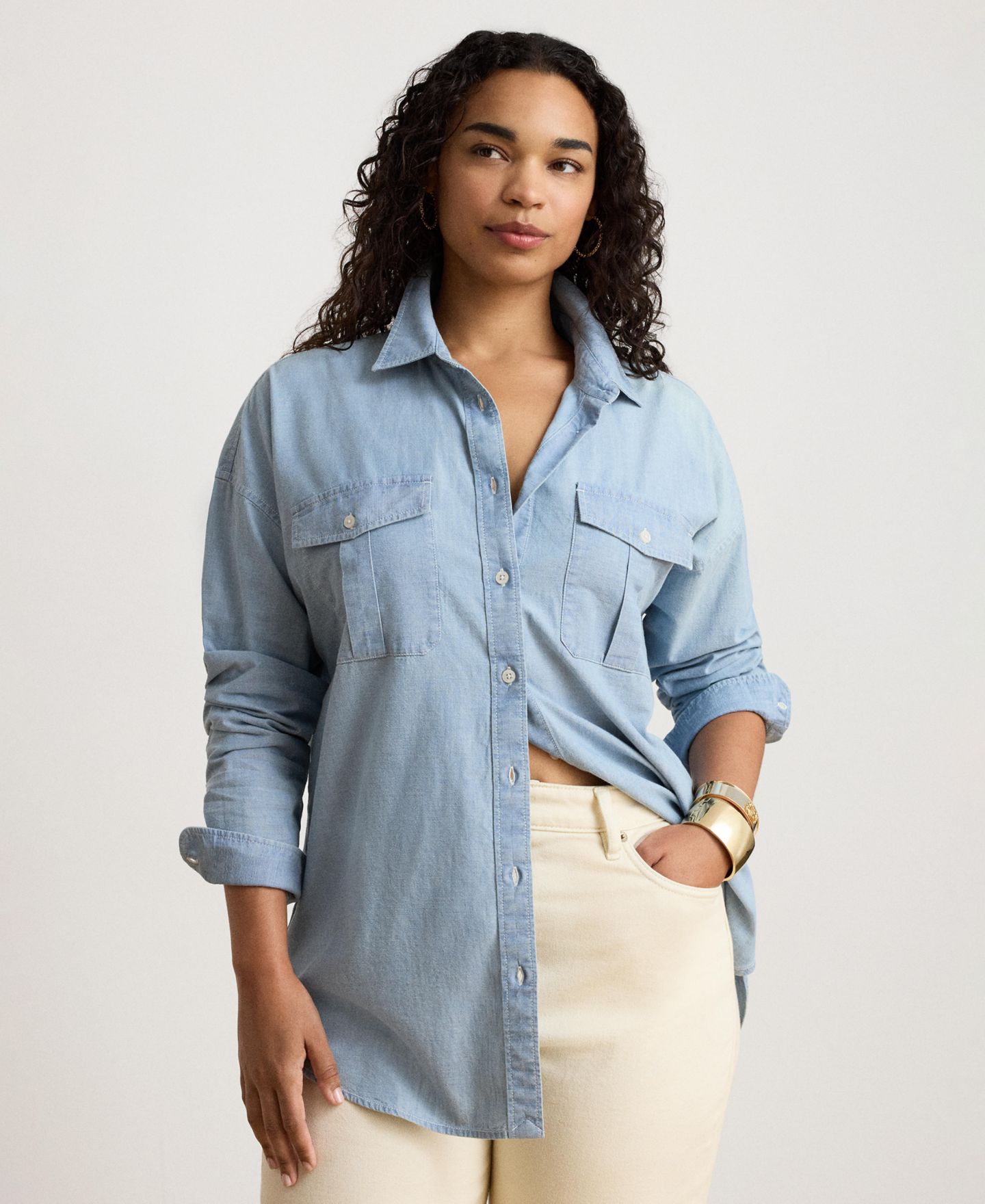 Женская рубашка Lauren Ralph Lauren Chambray Button-Up Long-Sleeve Shirt, цвет: Шамбре варёный — фото 6