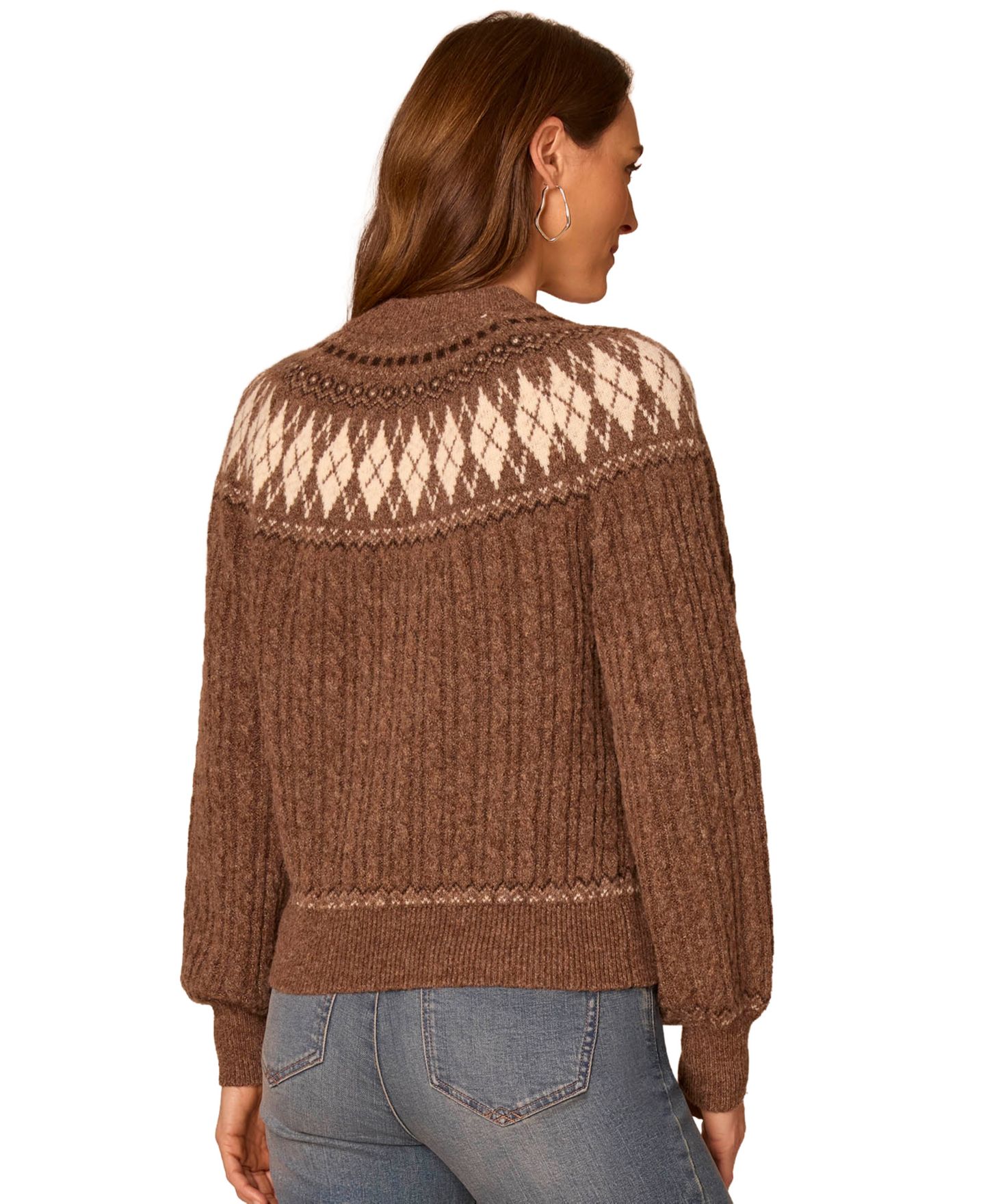 Женский свитер Democracy Petite Fair Isle Cable-Knit Mock Neck, цвет: Меланжевый коричневый — фото 4