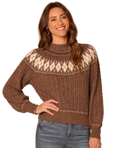 Женский свитер Democracy Petite Fair Isle Cable-Knit Mock Neck, цвет: Меланжевый коричневый