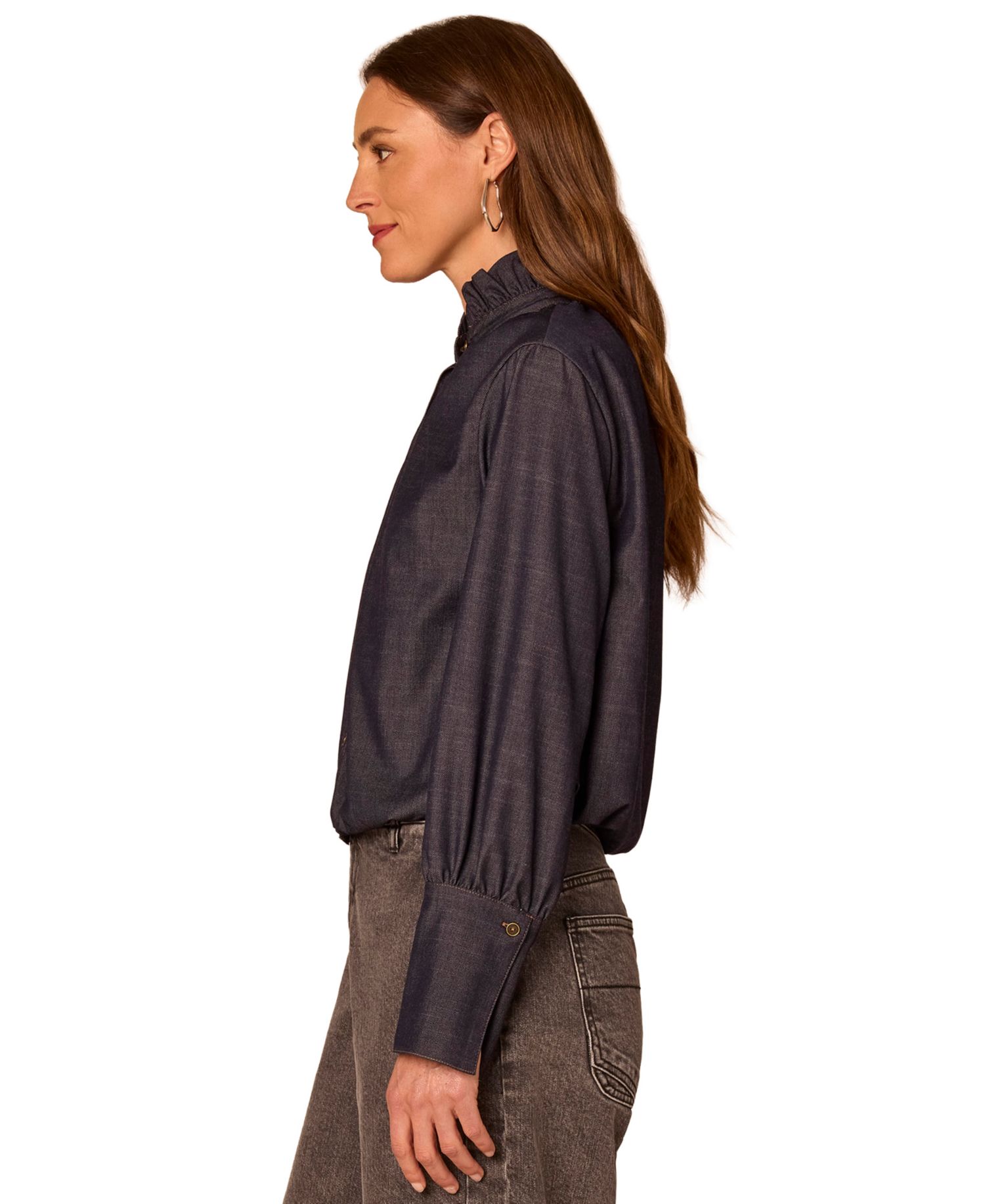 Petite Long French Cuff Ruffle-Neck Blouse