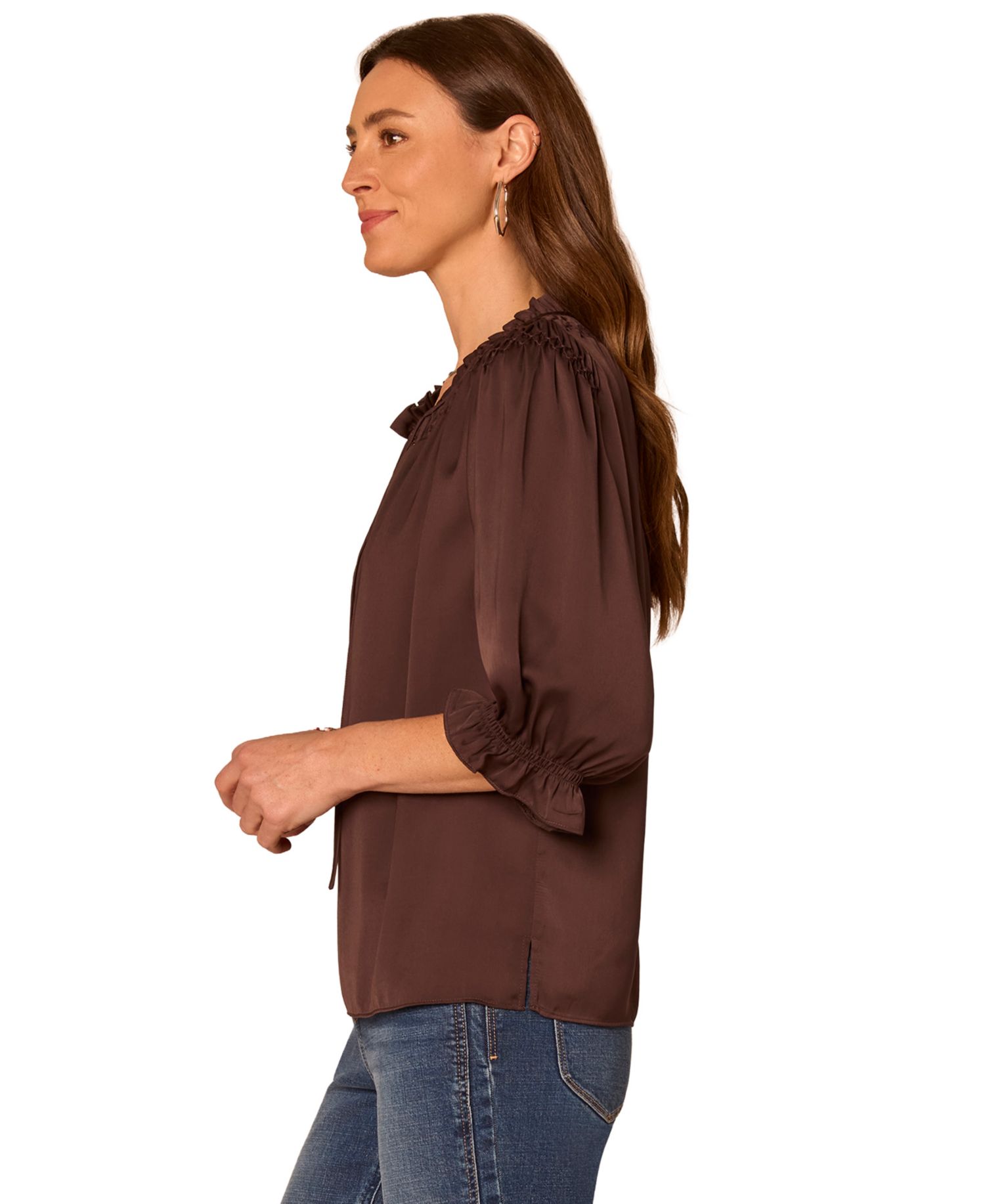 Women's Petite 3/4-Sleeve Split-Neck Honeycomb-Embroidered Blouse