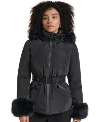 Women's Faux-Fur Trim Cuff and Hood Belted Puffer Jacket