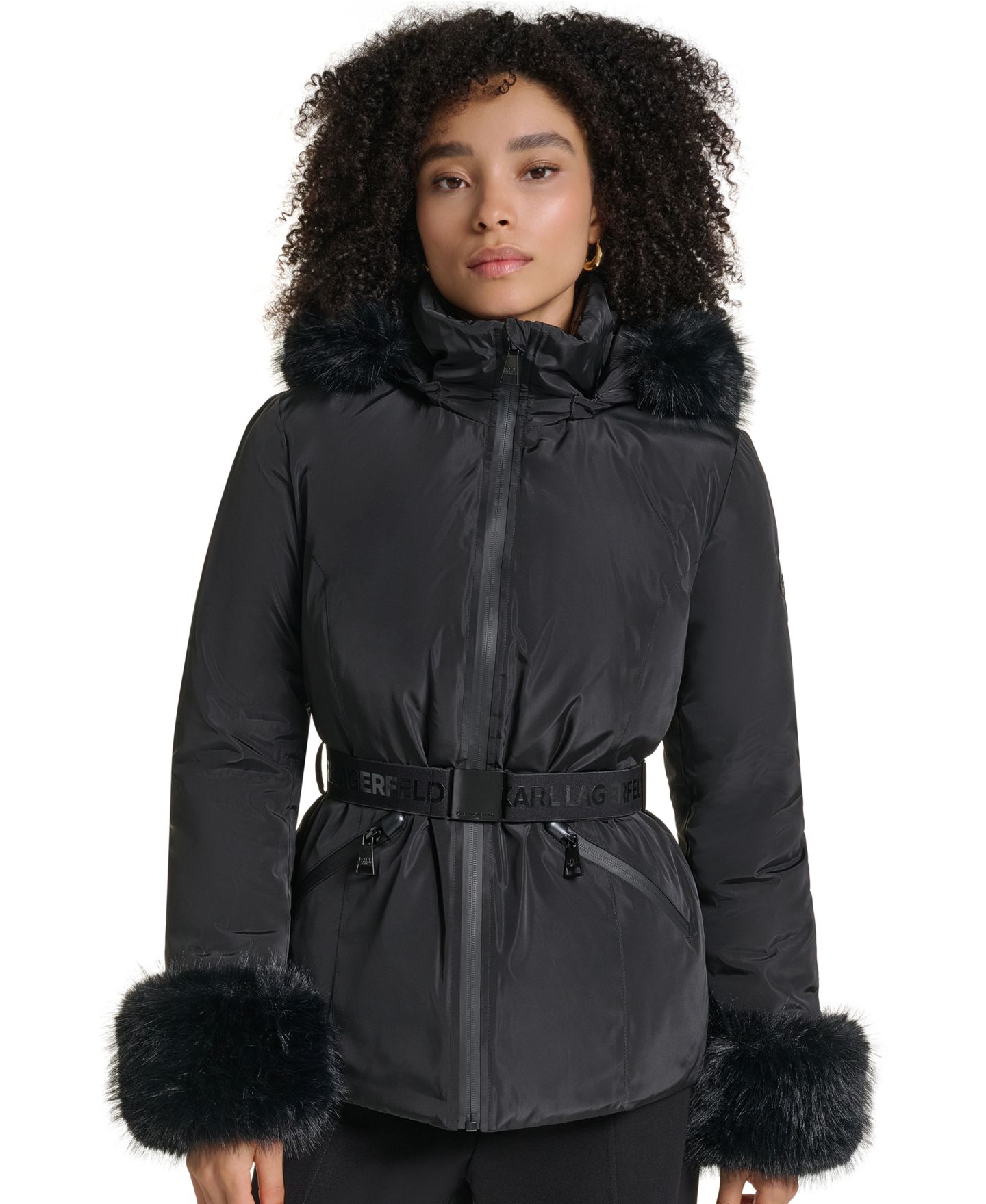 Женская куртка KARL LAGERFELD PARIS Faux-Fur Trim Cuff and Hood Belted Puffer, цвет: Чёрный — фото 1
