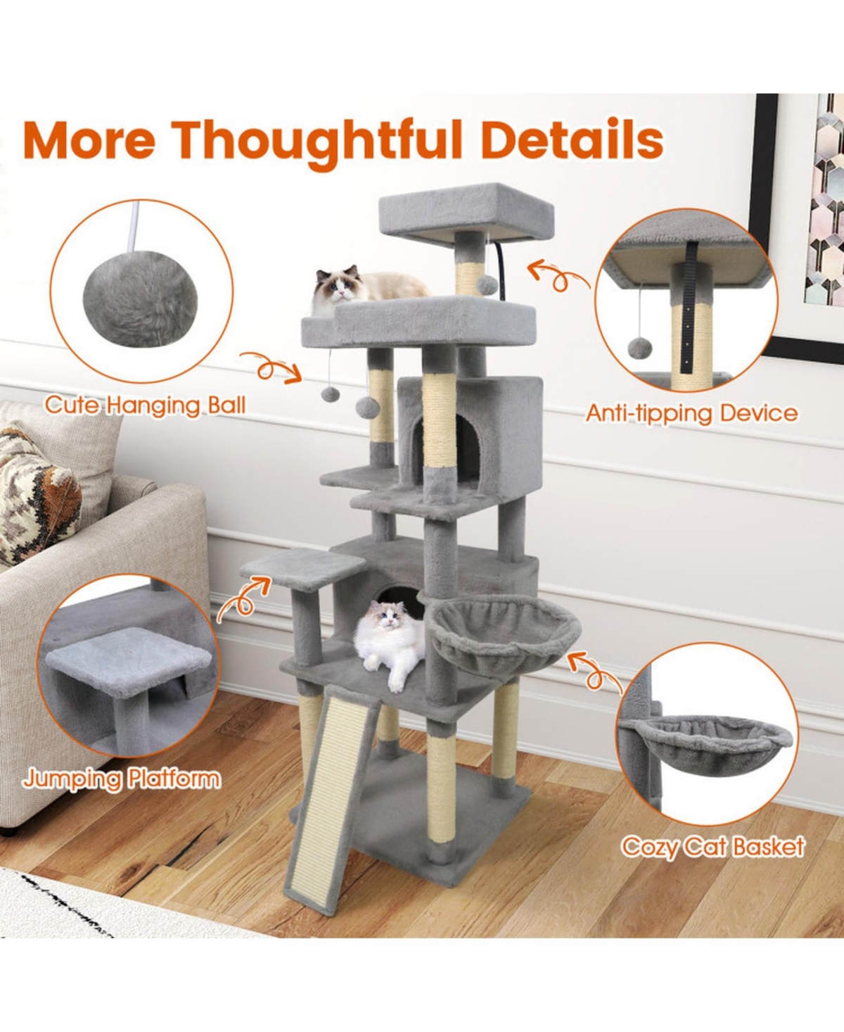 Hongge 65 Inch Tall Cat Tree Featuring Three Upholstered Perches