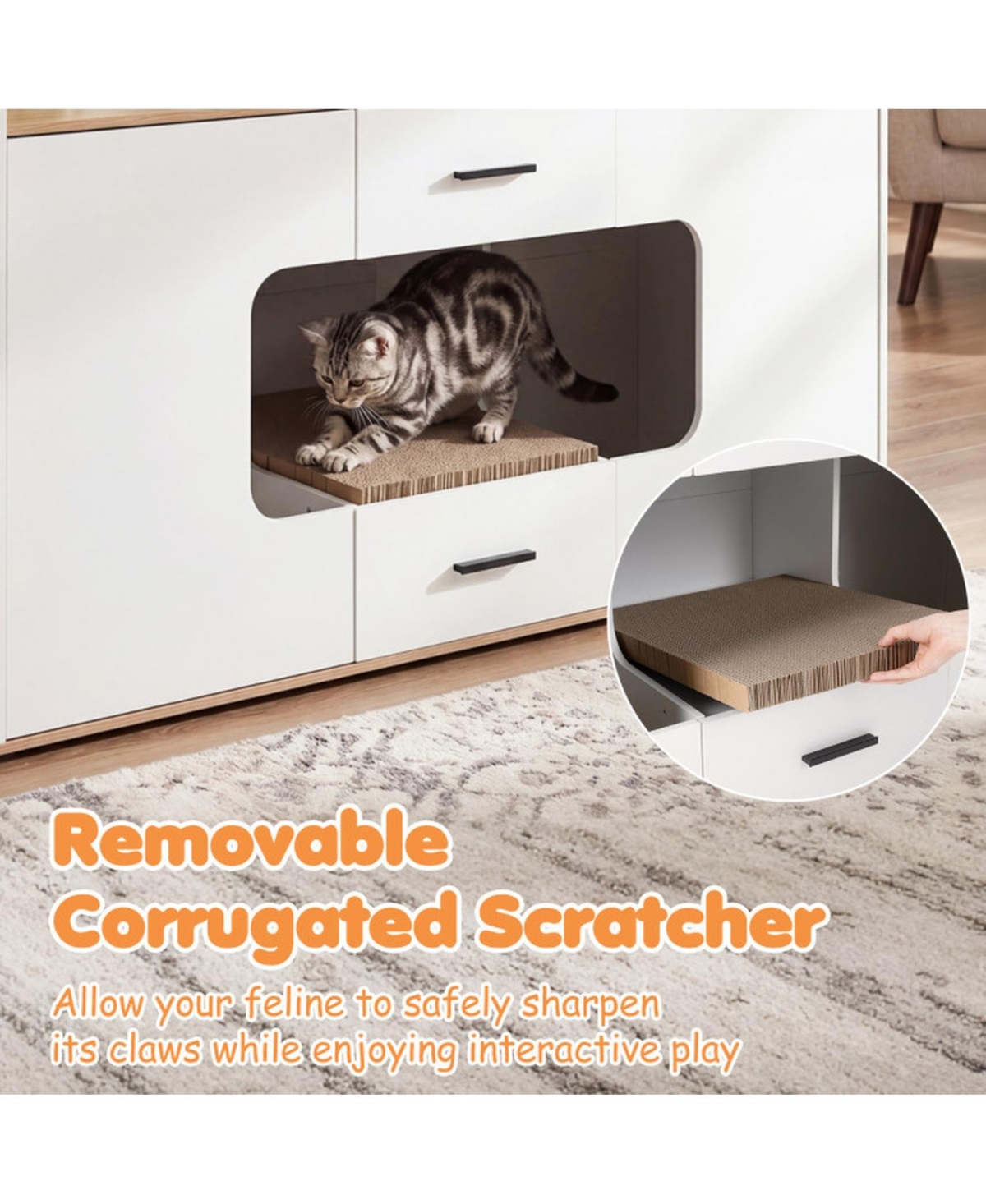 Hongge 55 in Wooden Hidden Cat Litter Box Cabinet with Wide Countertop 2 Drawers and 2 Doors