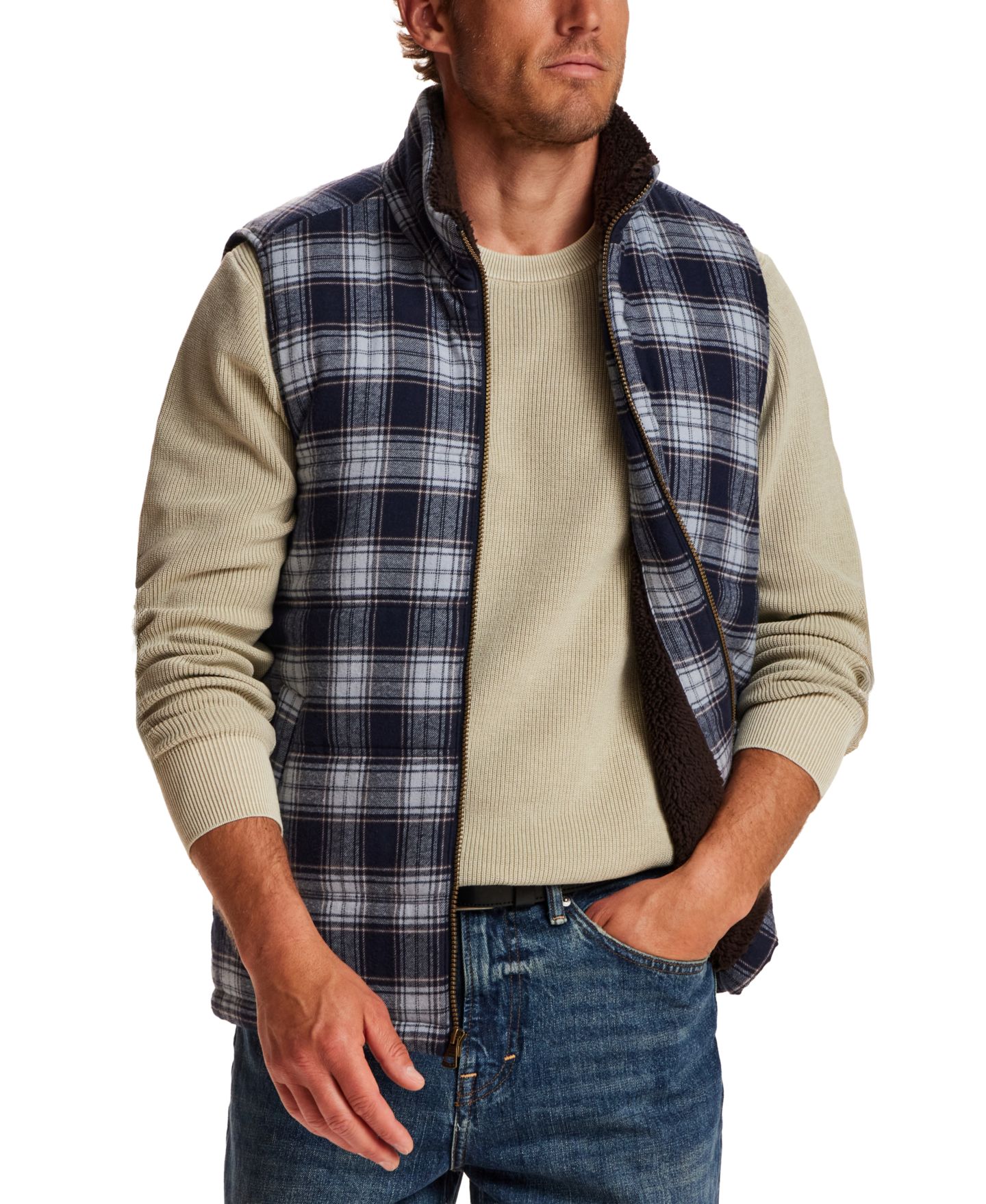 Мужской жилет Weatherproof Vintage Sherpa Plaid Flannel Vest, цвет: Тёмно-синий — фото 2