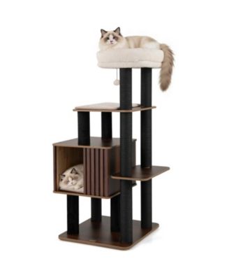 53.5 Inch Wooden Cat Tower with Extra-Wide Padded Top Perch