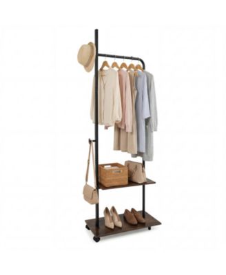 Freestanding Industrial Clothing Rack with 2 Wooden Shelves and Rolling Wheels