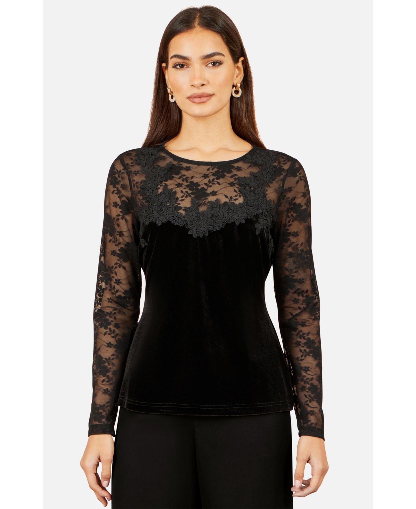 Женская блузка Yumi Long-Sleeve Floral-Print Lace, цвет: Чёрный — фото 4