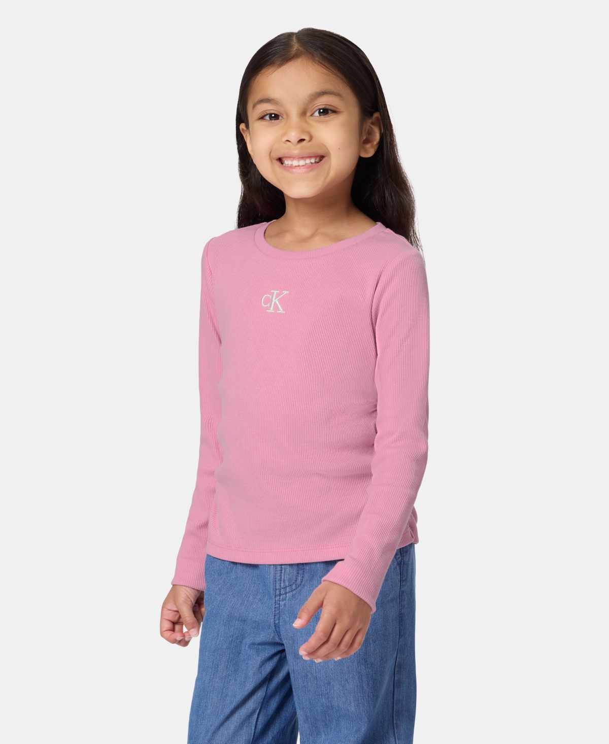 Calvin Klein Toddler Girls' 2T-6X Monogram Ribbed Long-Sleeve Top and Wide-Leg Denim Pants, 2-Piece Set