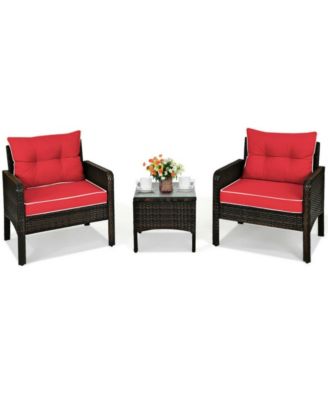 3 Pieces PE Rattan Patio Conversation Set with Removable Seat Cushions and Tempered Glass Coffee Table