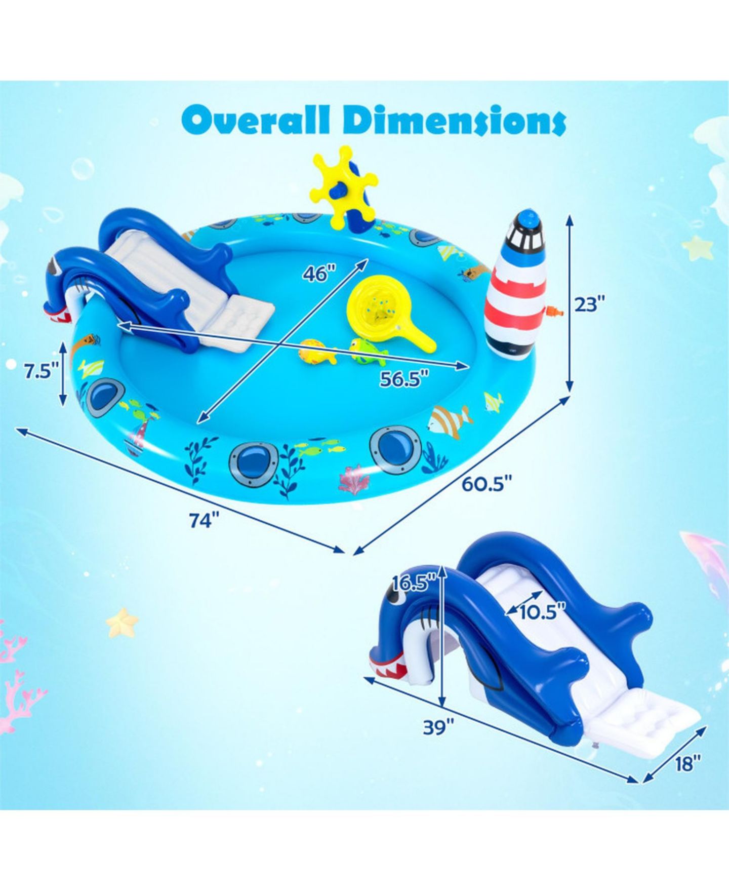 Детская игрушка HONGGE Marine Life Inflatable Spray Pool Play Center with Shark Slide, 74"L x 60.2"W x 24.8"H, 43-Gallon Capacity, Ages 2+, цвет: Океанский синий — фото 3