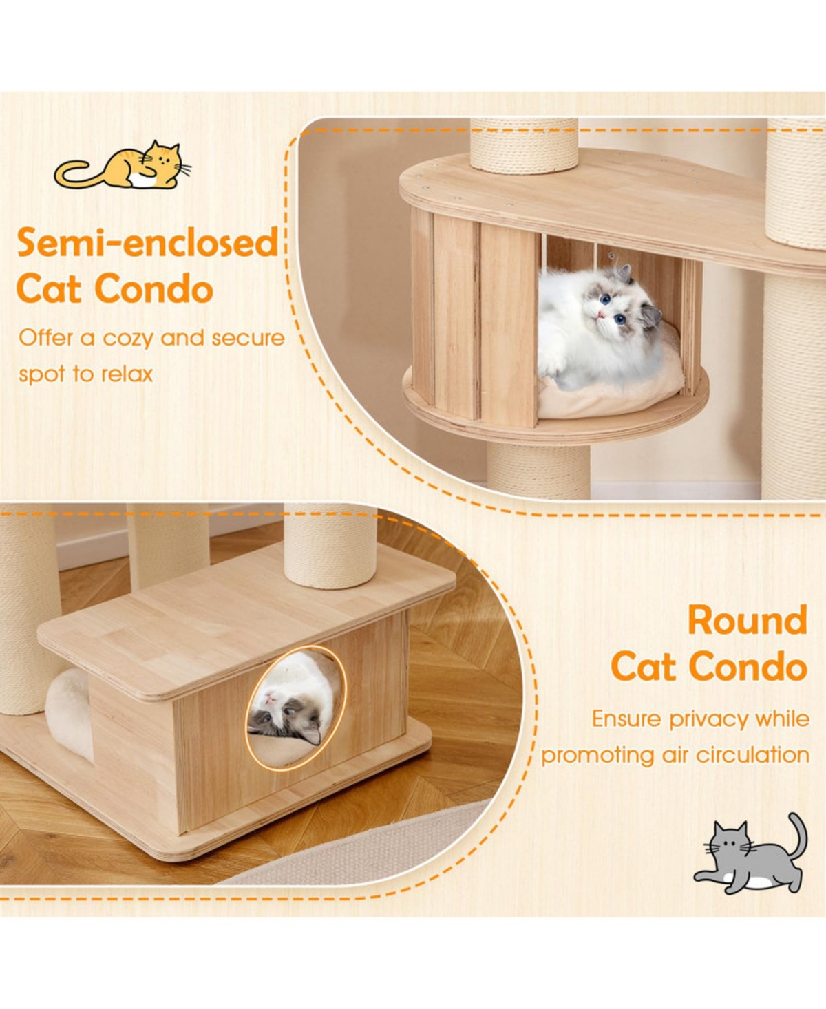 Hongge 69-Inch Tall Cat Tree with Washable Plush Cushions