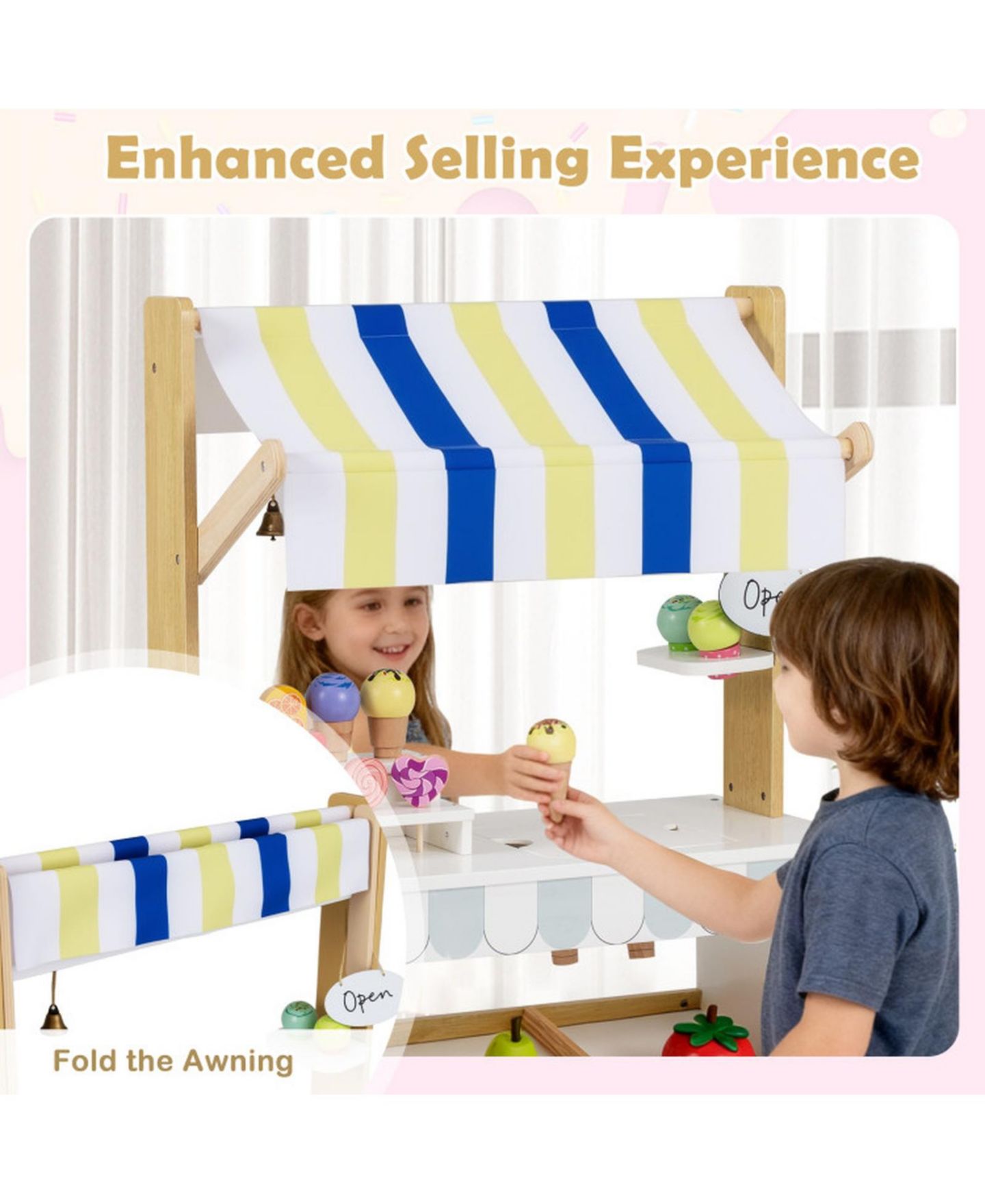 Детский игровой набор HONGGE 2-in-1 Wooden Ice Cream Cart and Grocery Store Playset for Kids, цвет: Белый — фото 5