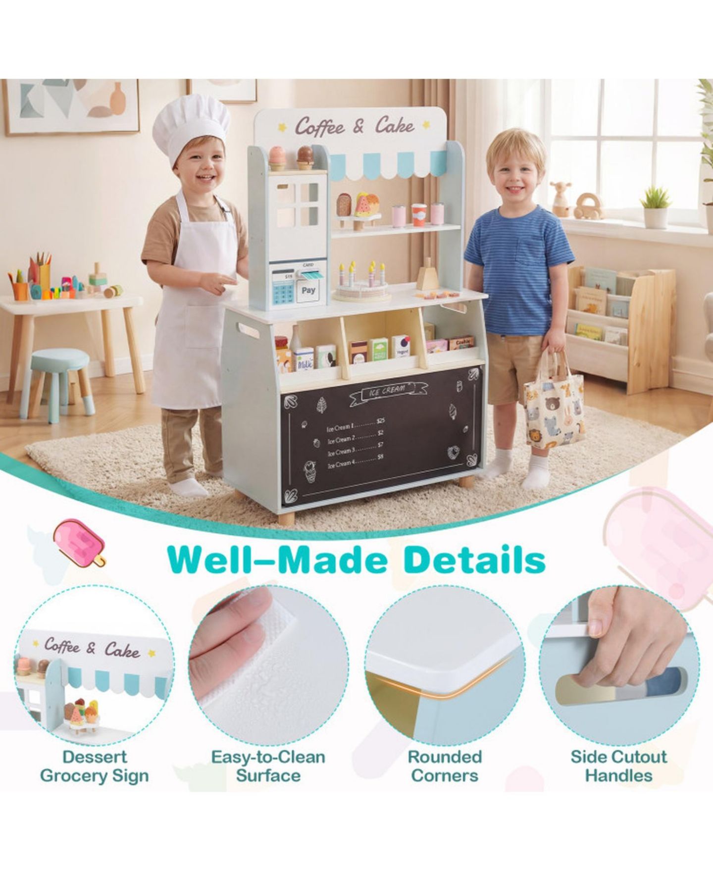 Детский игровой набор HONGGE Wooden Ice Cream Shop 27-Piece Playset, Ages 3+, цвет: Синий / Розовый — фото 6