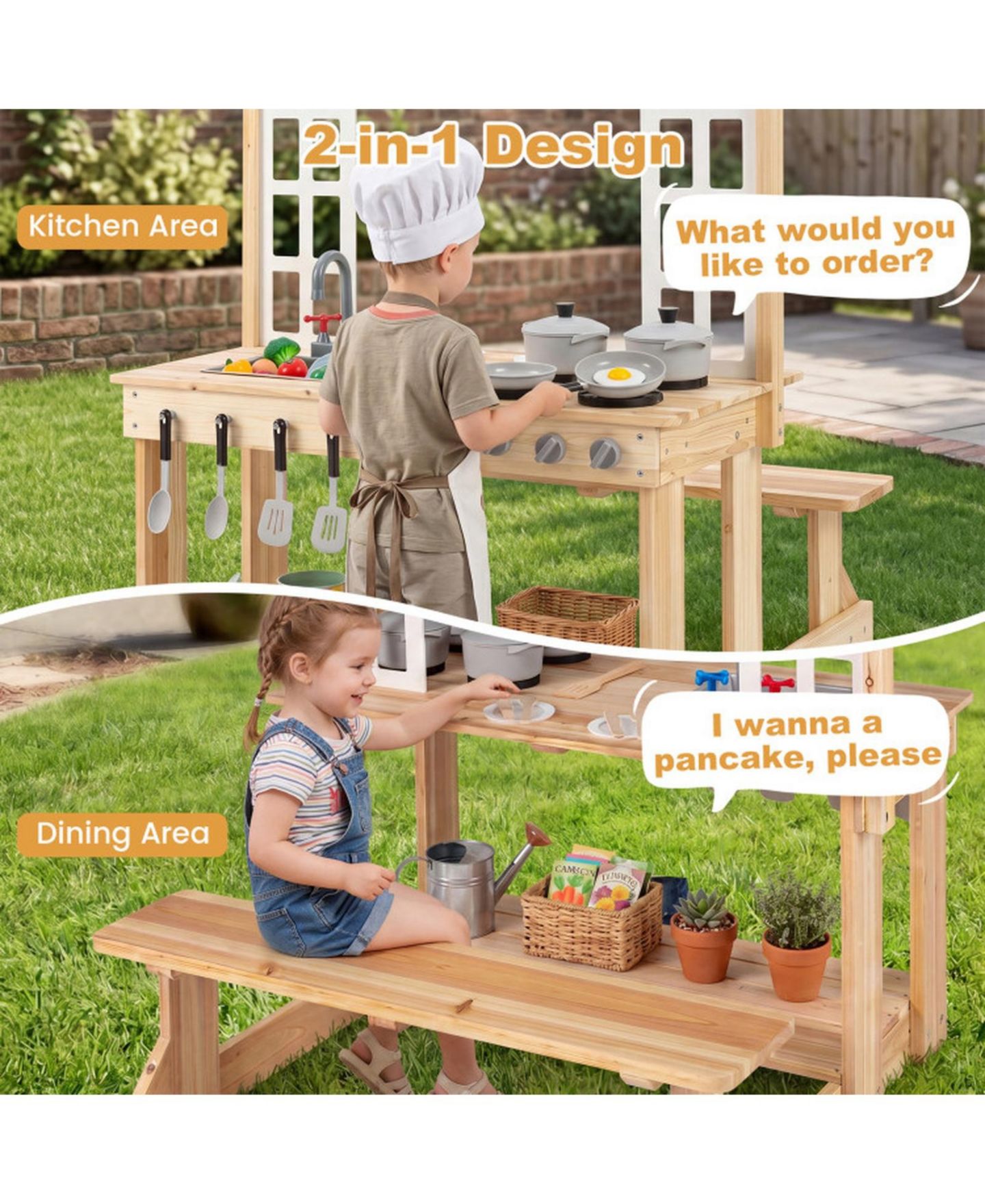 Детский игровой набор HONGGE Wooden Outdoor 2-in-1 Mud Kitchen Playset, Ages 3+, цвет: Натуральный — фото 8