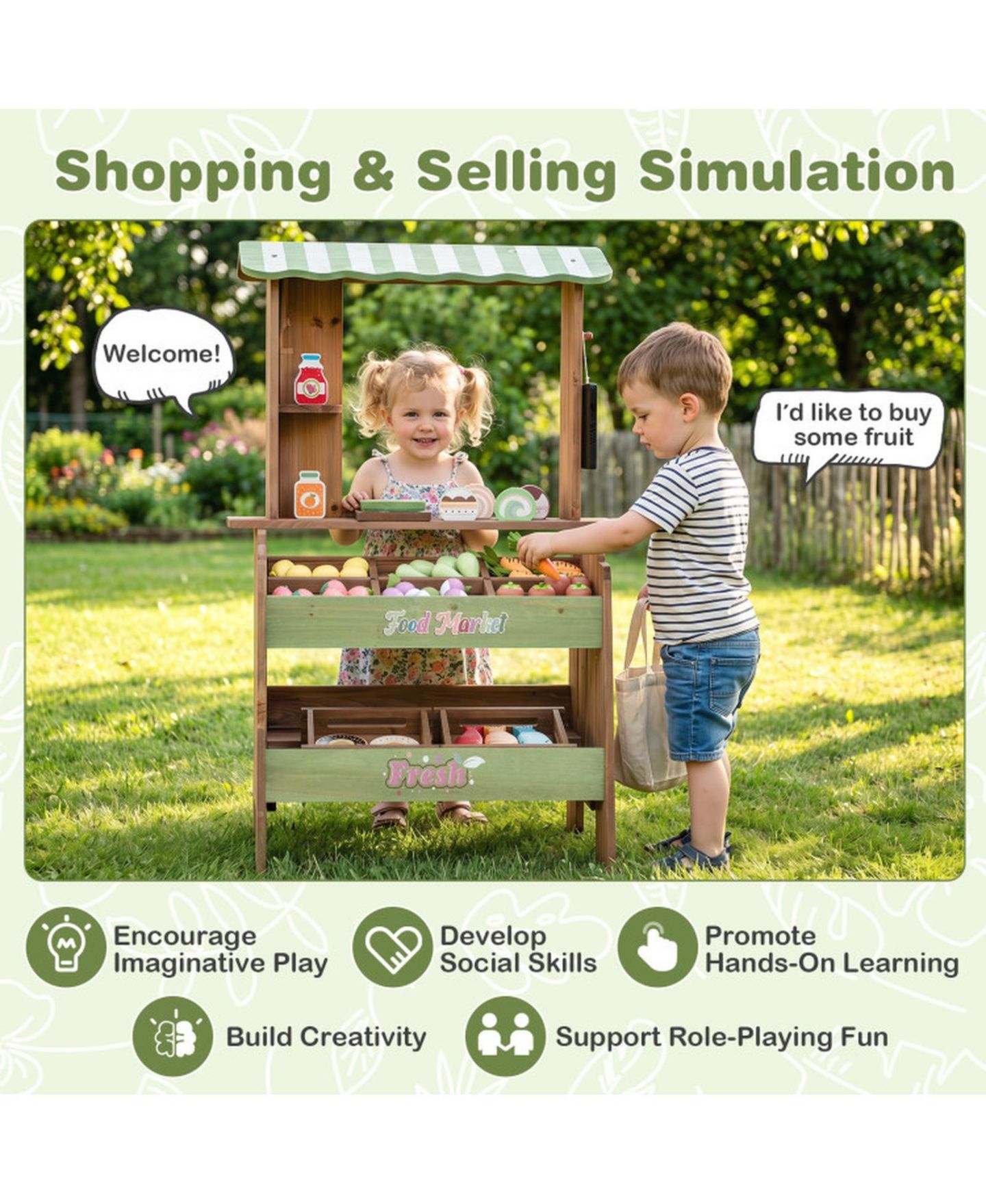 Детский игровой набор HONGGE Wooden Kids Grocery Store Playset with Chalkboard and 43 Pieces, цвет: Коричневый / Зелёный — фото 7