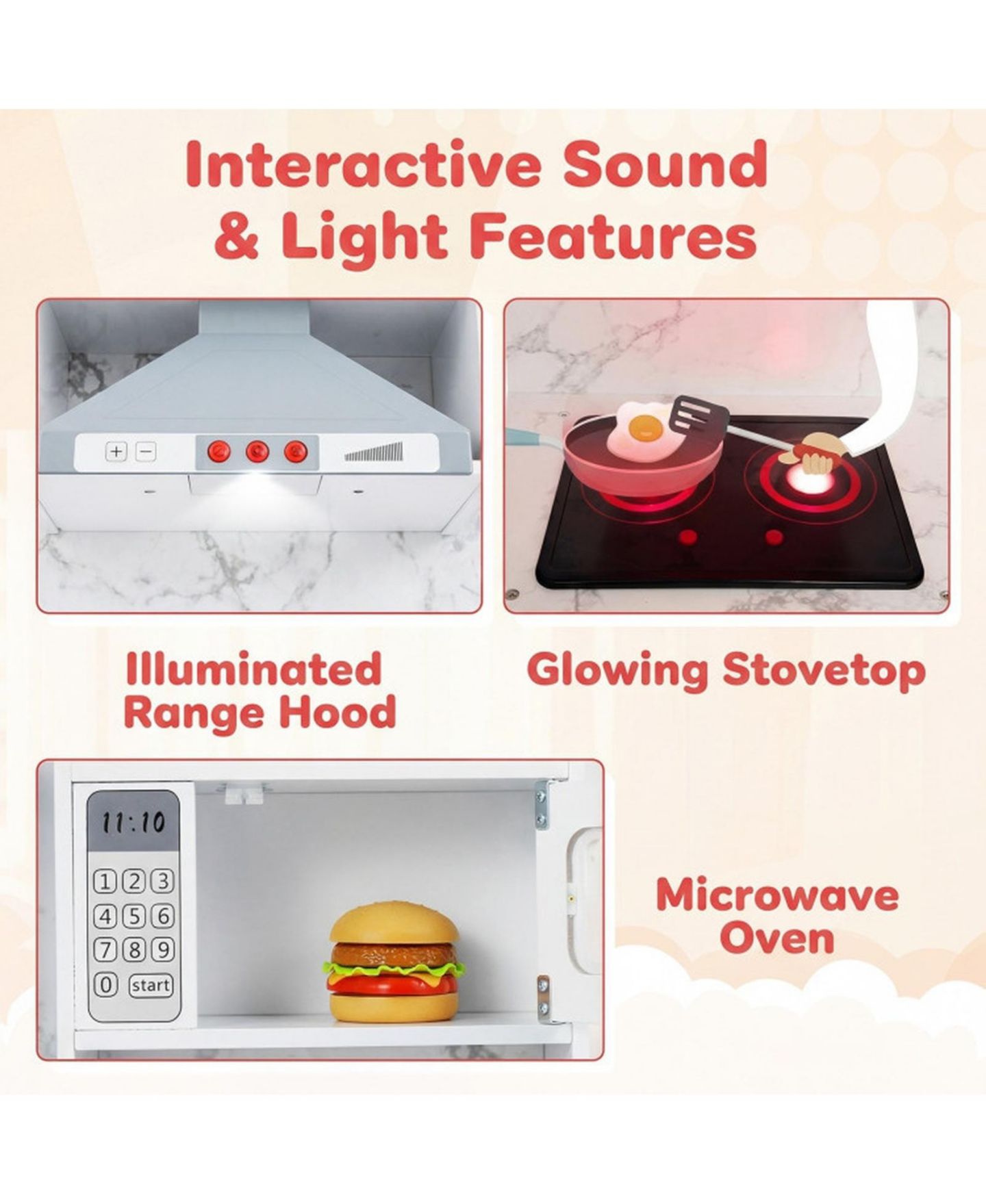 Детская игрушка HONGGE Wooden Kids Play Kitchen with Water Circulation Sink and Sounds, цвет: Серый / Кофейный — фото 5