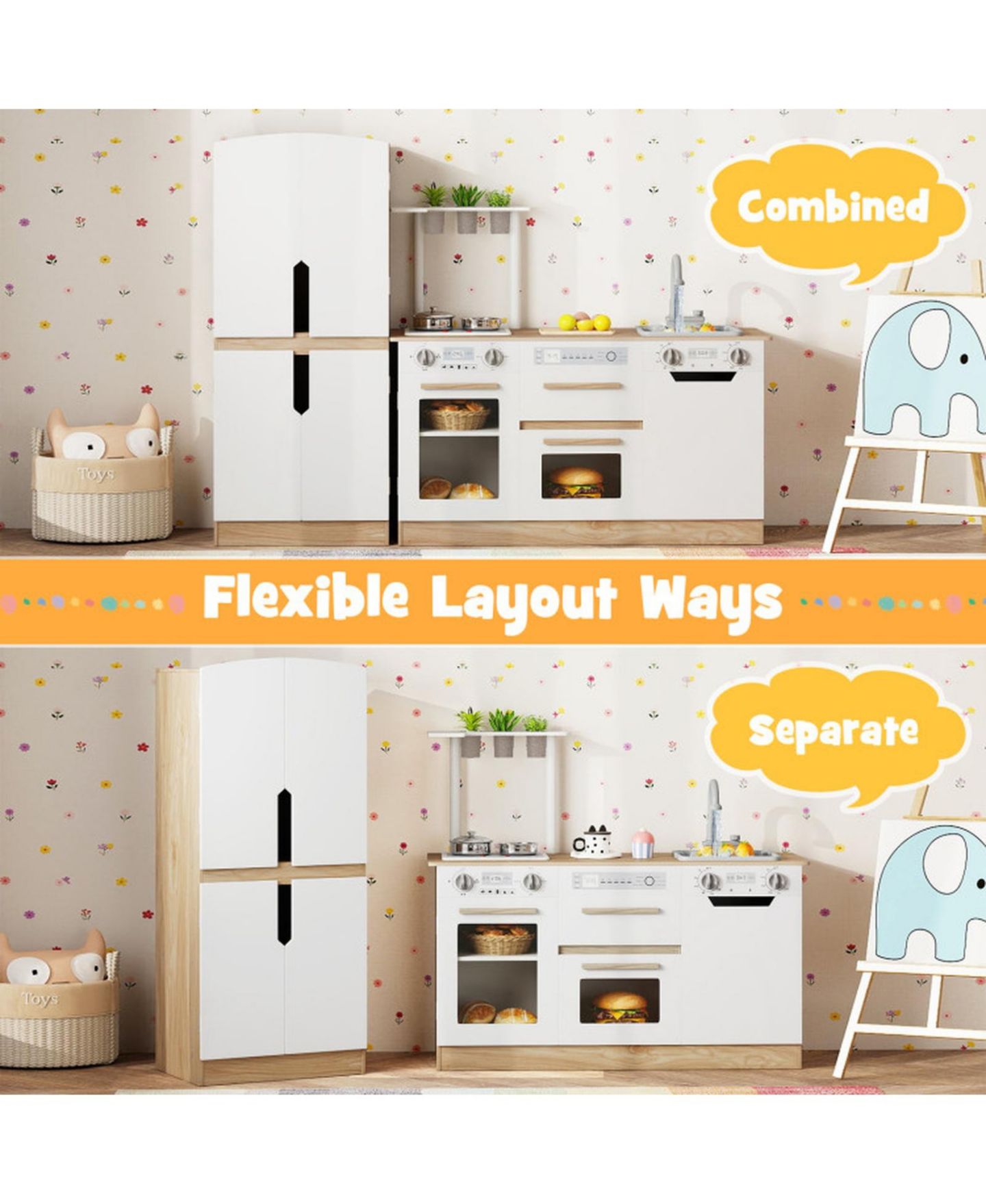 Детский игровой набор HONGGE 2 Piece Wooden Kids Kitchen Playset with Fridge and Planters, цвет: Натуральный / Белый — фото 5