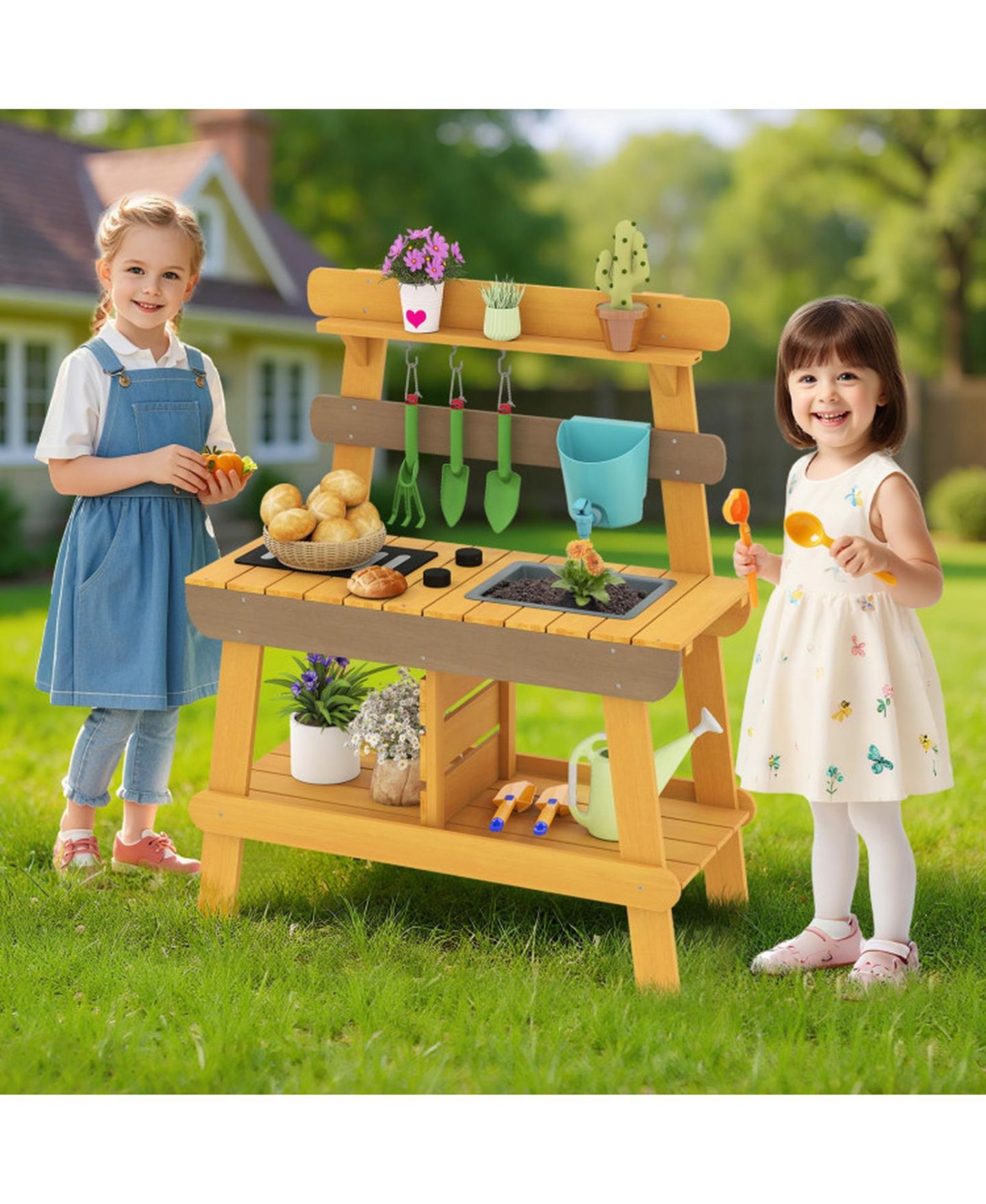 Детская игрушка HONGGE Outdoor Wooden Mud Kitchen with Grill Rack and Garden Tools, цвет: Однотонный — фото 9