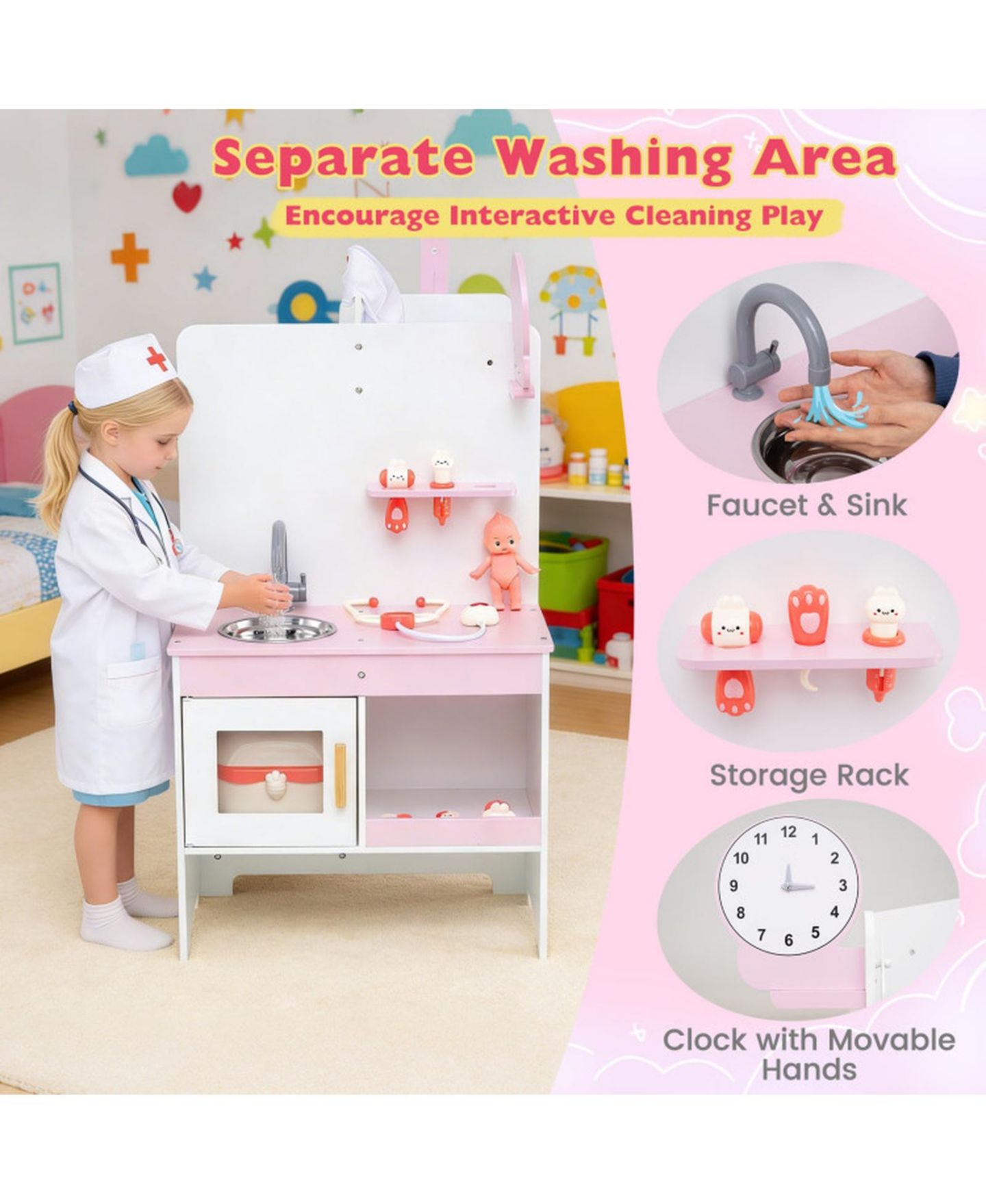 Детские игрушки HONGGE Kids Doctor Adjustable Height Bar Hand Washing Station 27-Piece Play Set, Ages 3+, цвет: Розовый / Белый — фото 6