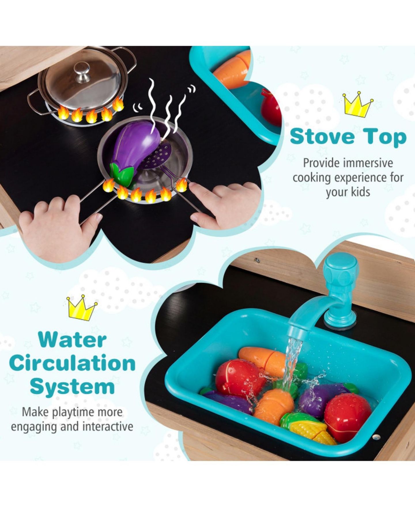 Детские игрушки HONGGE Wooden Circulating Water Faucet 5-Piece Mud Kitchen, Ages 3+, цвет: Коричневый / Чёрный — фото 6