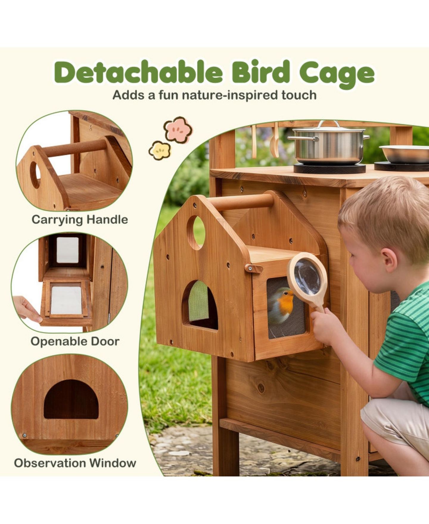 Детская игрушка HONGGE Outdoor Mud Kitchen with Removable Birdcage and Planter Box, Ages 3+, цвет: Тёплый коричневый — фото 4