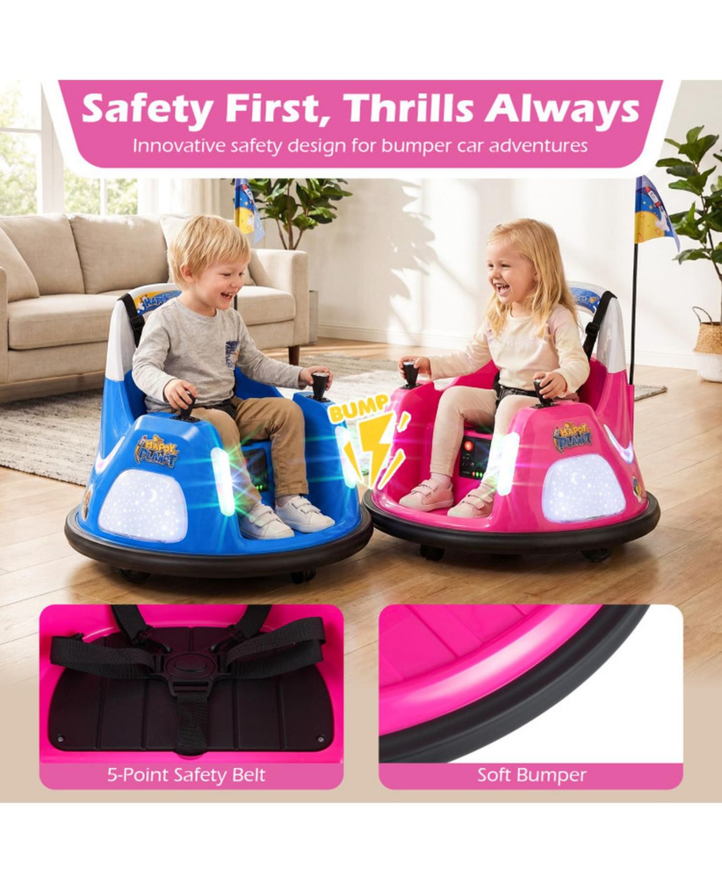 Детская игрушка HONGGE 12V Kids Ride On Bumper Car with Dual Joystick Control and Remote Control, Ages 18 Months+, цвет: Розовый — фото 9