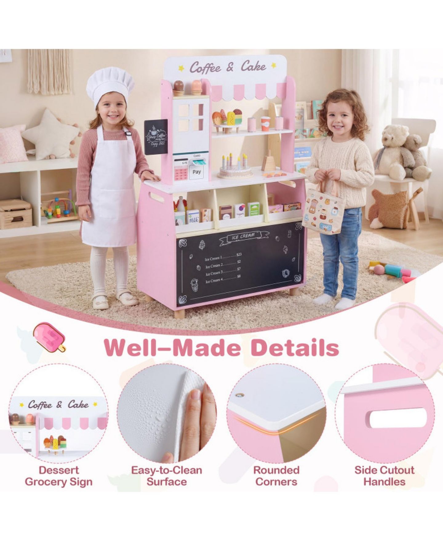 Детский игровой набор HONGGE Ice Cream Shop Rotating Popsicle Rack 27-Piece Playset, Ages 3+, цвет: Розовый — фото 8