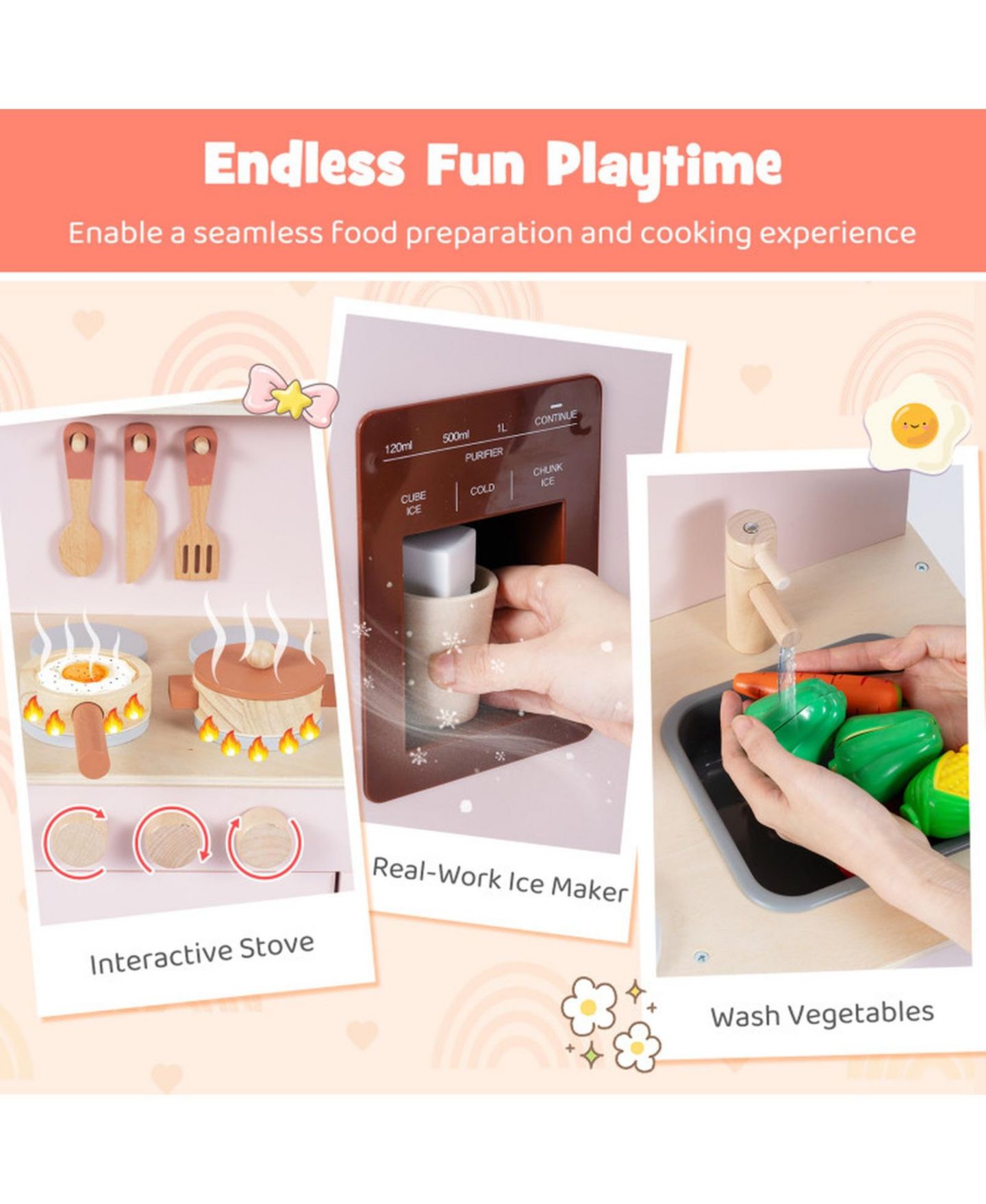 Детский игровой набор HONGGE Kids Wooden Play Kitchen Playset with Working Ice Maker and Sink Ages 3, цвет: Розовый — фото 8