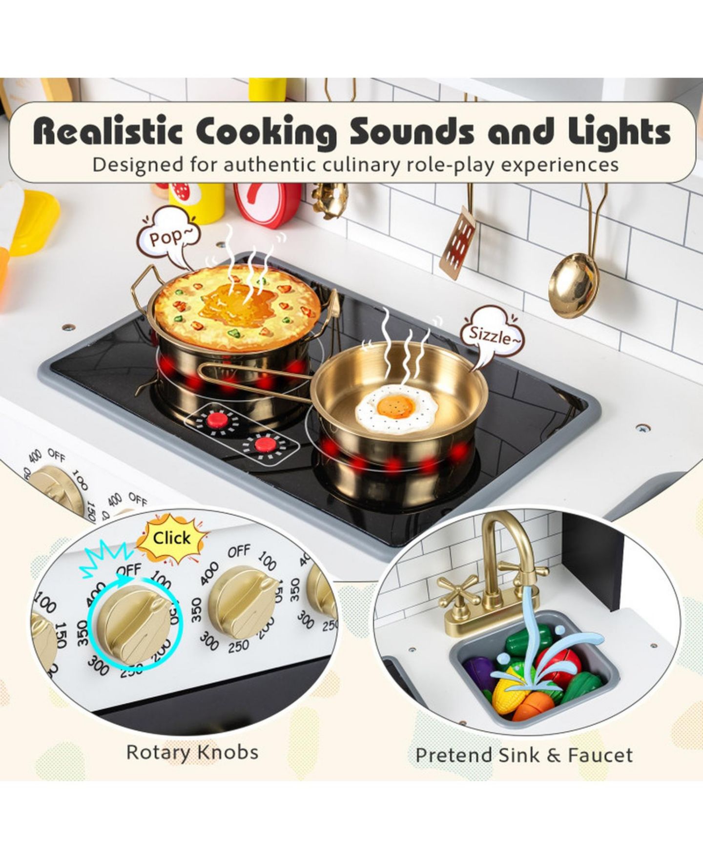 Детская игрушка HONGGE Lights and Sounds Wooden Play Kitchen with Ice Maker, Ages 3+, цвет: Чёрный — фото 6