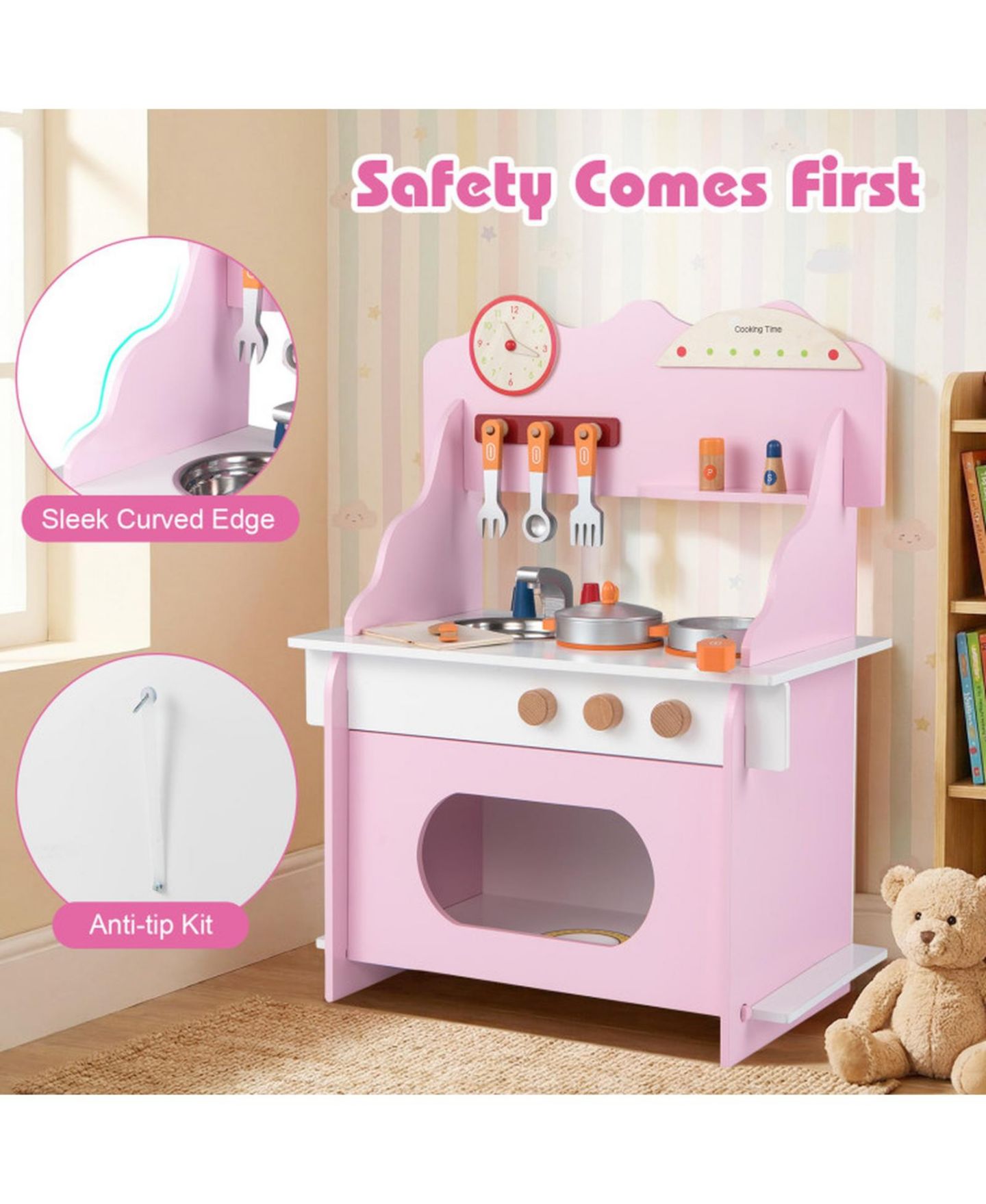 Детские игрушки HONGGE Wooden Double-Burner Play Kitchen with Learning Clock, 12-Piece Set, Ages 3+, цвет: Розовый — фото 8