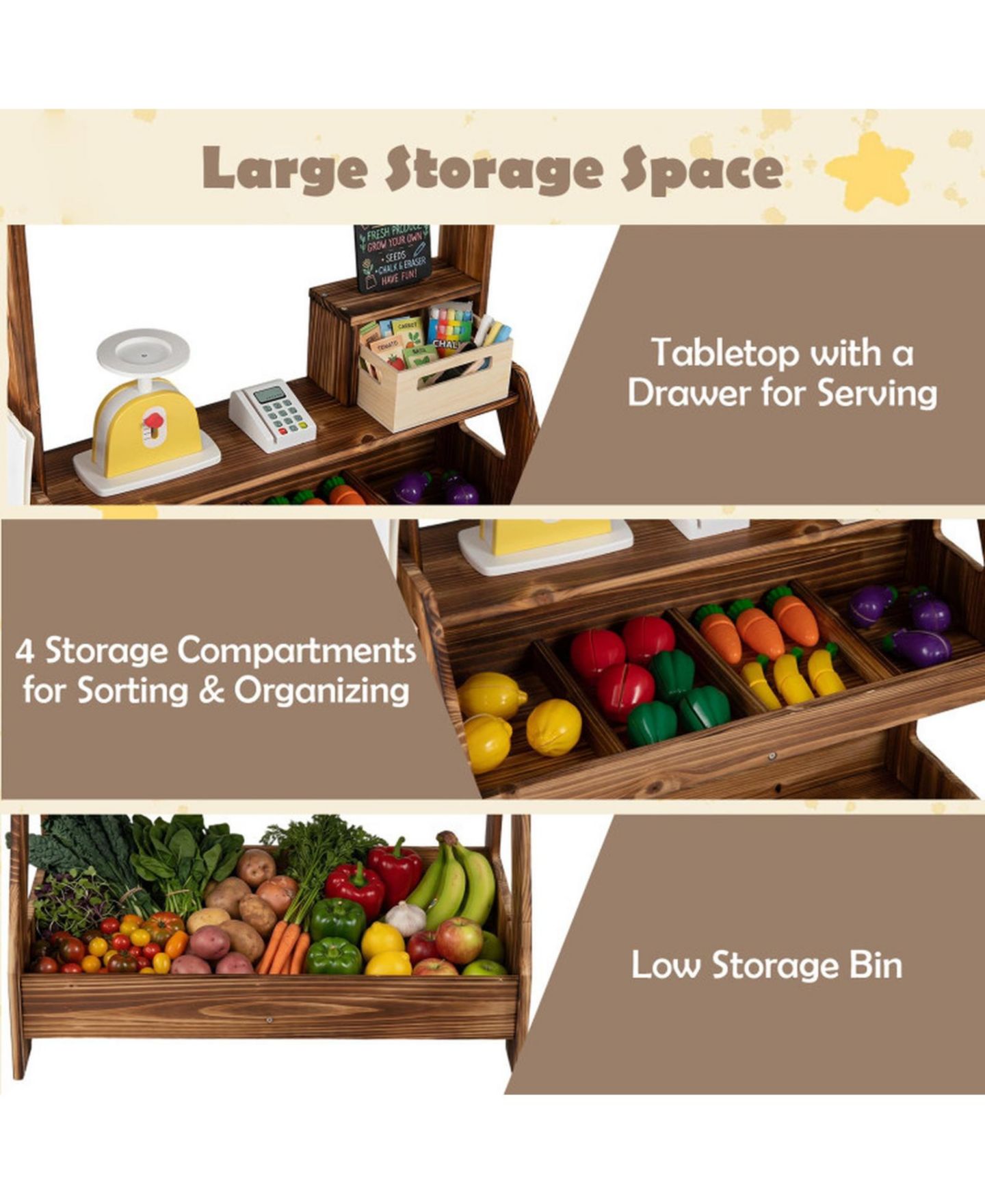 Детские игрушки HONGGE 2-in-1 Wooden Mud Kitchen and Market Stand, 25-Piece, Ages 3+, цвет: Коричневый — фото 9
