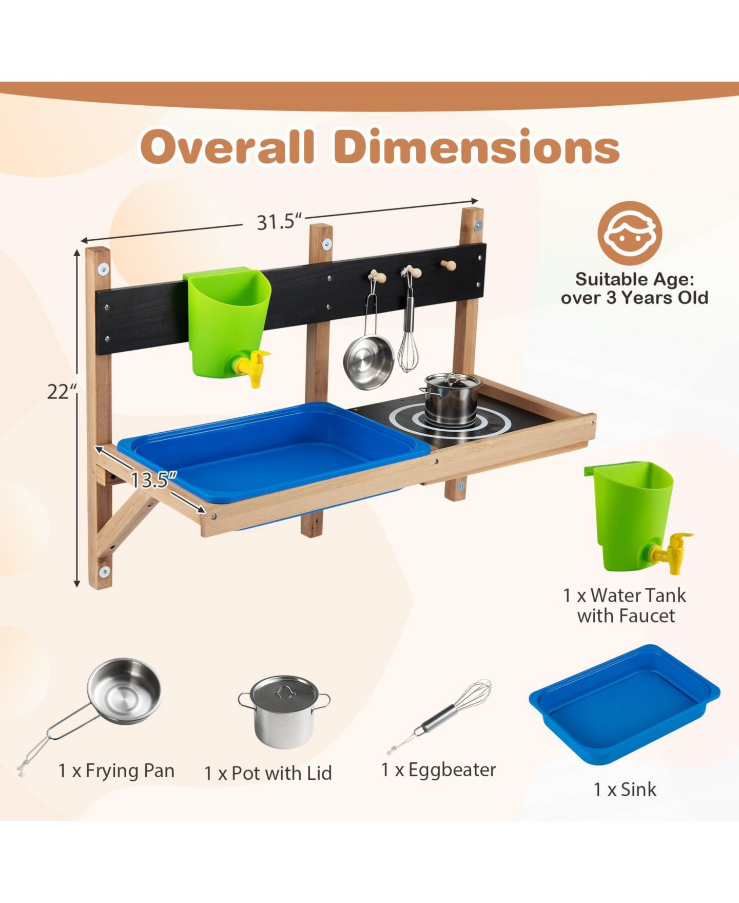 Детская игрушка Gymax Outdoor Wall Mounted Mud Kitchen for Kids Wooden Play Kitchen with Sink Faucet, цвет: Синий — фото 2