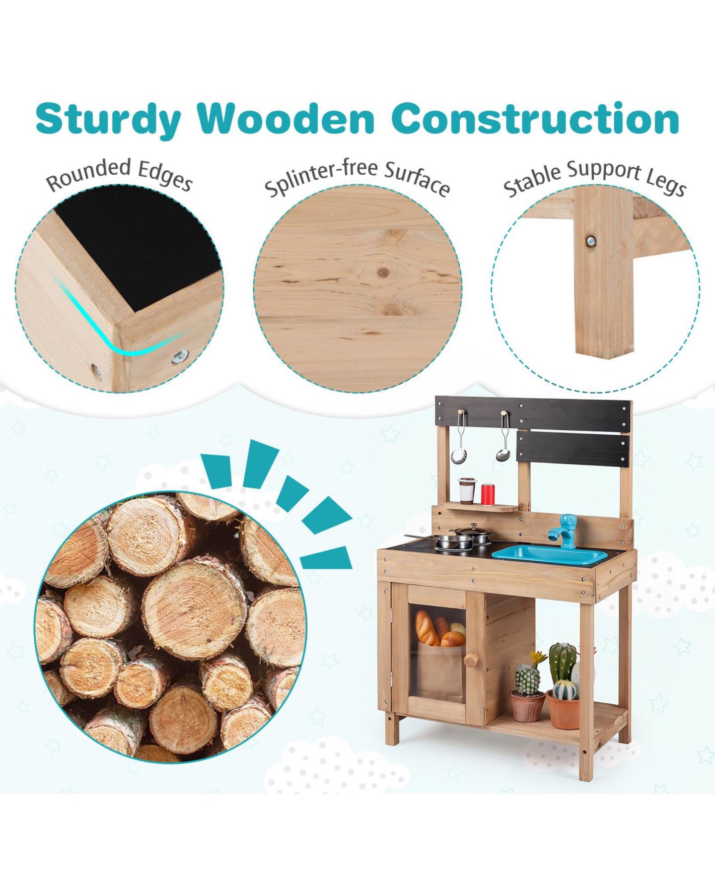 Детская игрушка Gymax Outdoor Wooden Mud Kitchen, Ages 3+, цвет: Жёлтый — фото 9