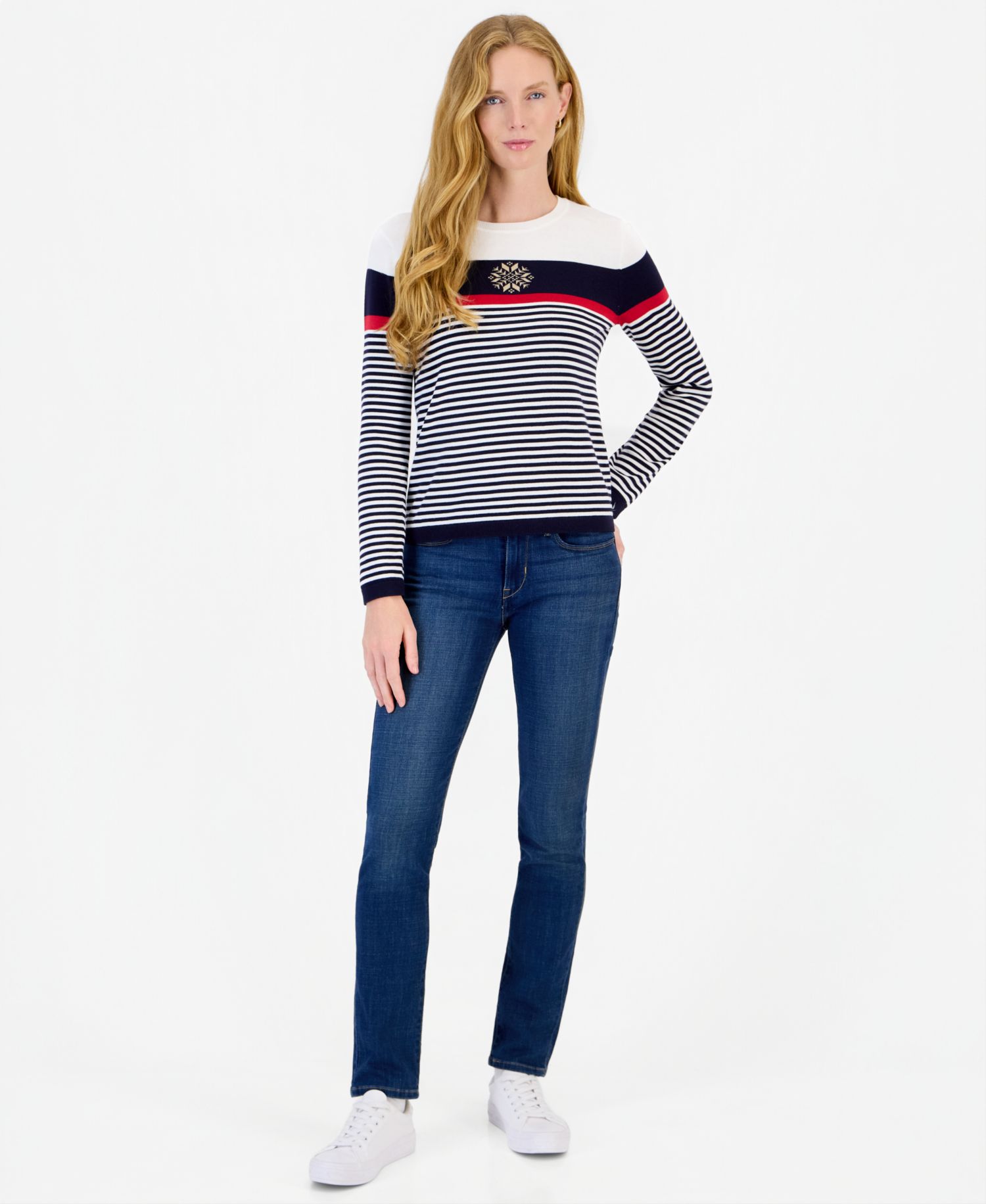 Women's Long-Sleeve Crewneck Striped Snowflake Holiday Sweater