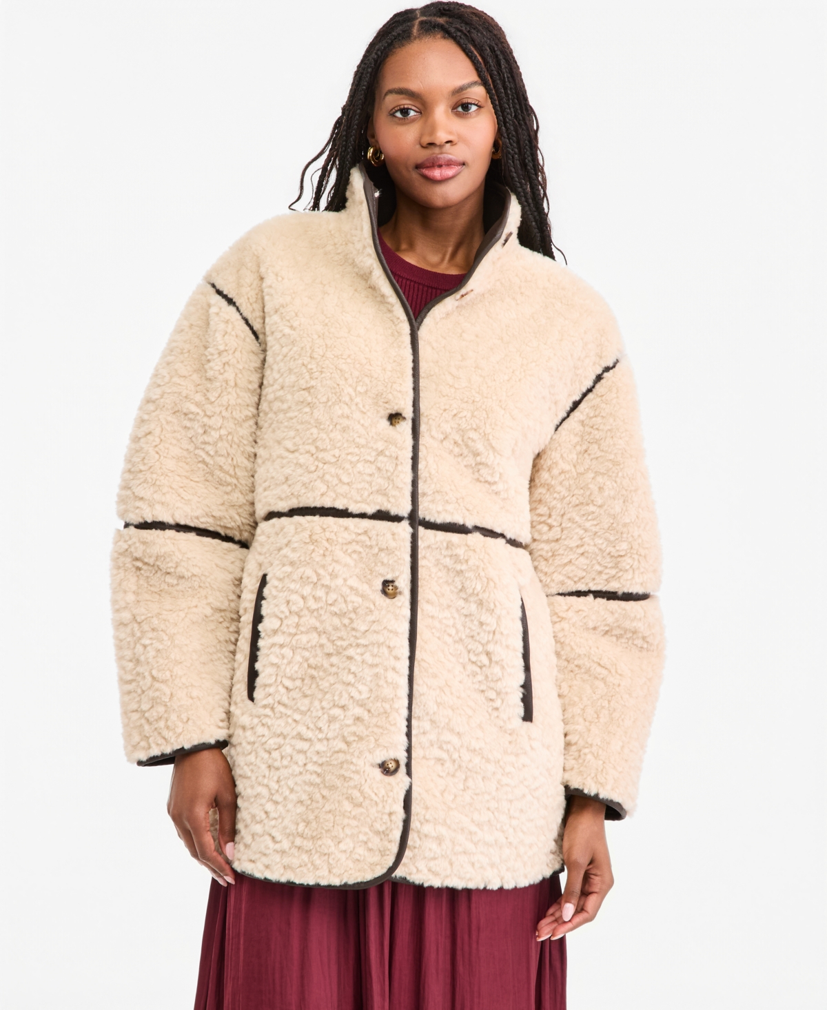 On 34th Women's Faux Leather Trim Sherpa Jacket, Macy's Exclusive In Rice Paper