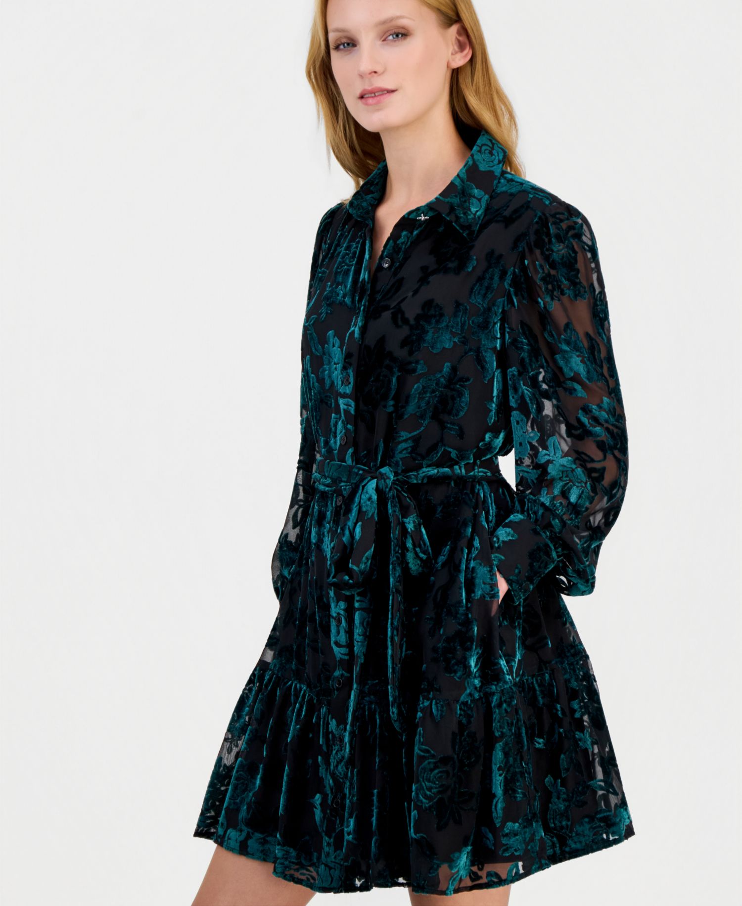 Women's Tiered Velvet-Burnout Floral Shirt Dress