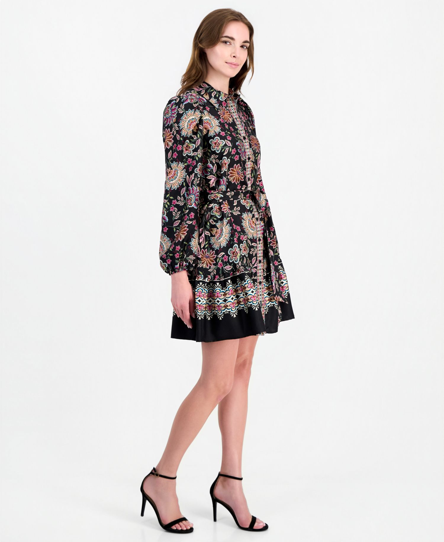 Women's Floral-Print Tiered Long-Sleeve Shirt Dress