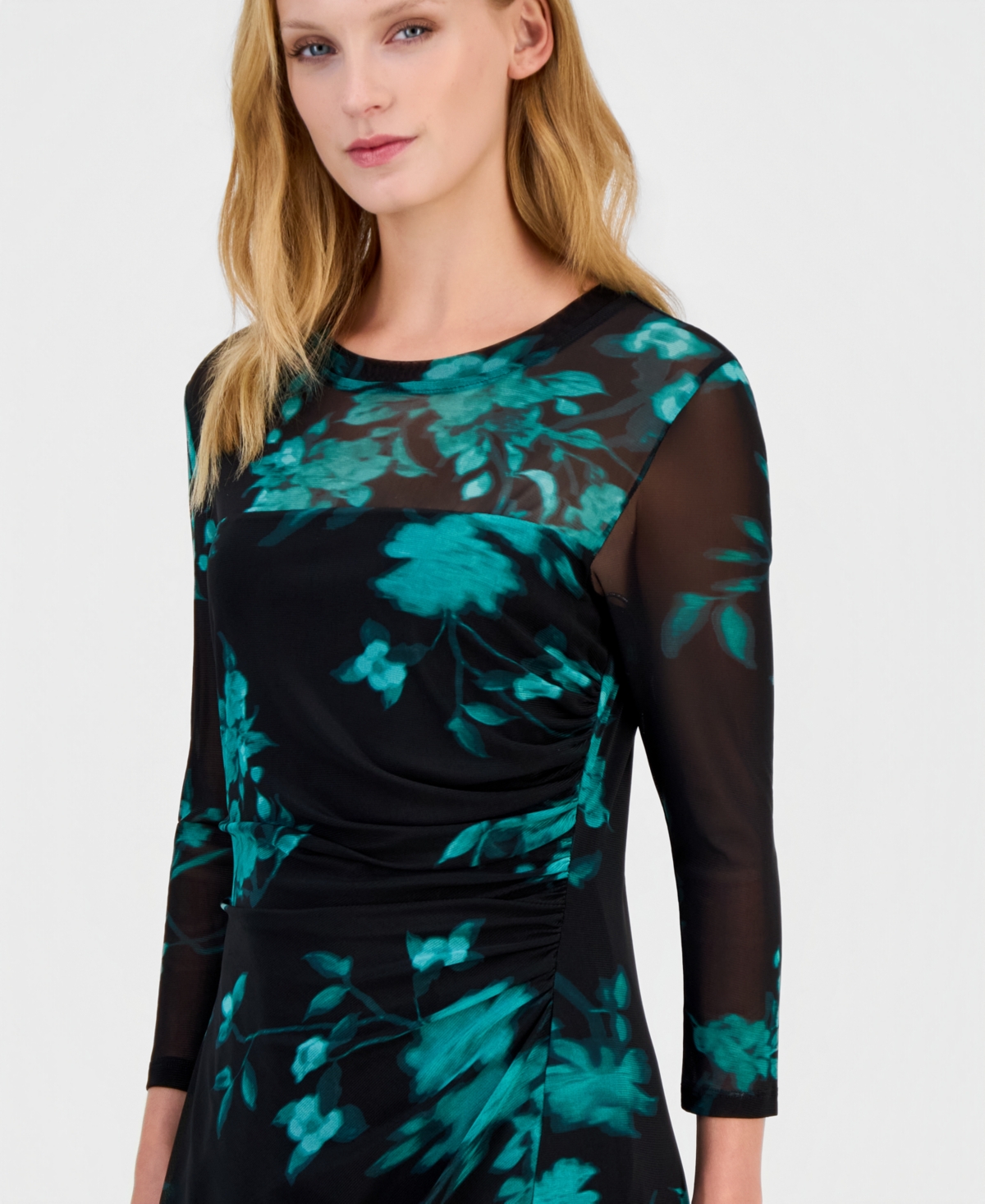 Anne Klein Petite Mesh Side Ruche Floral Midi Dress
