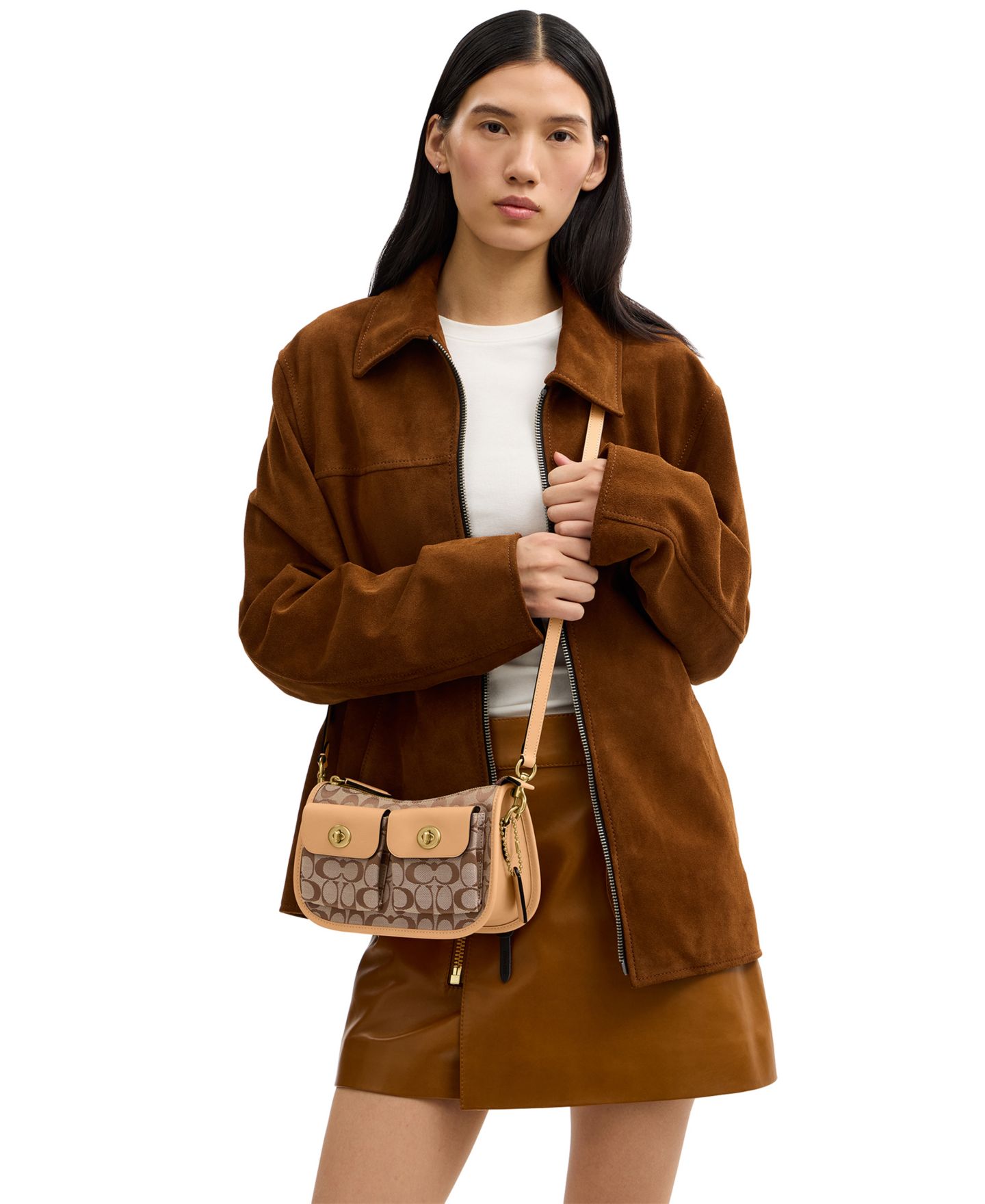 Женская сумка COACH Originals Waverly Small Signature Jacquard Twin Turnlock Shoulder, цвет: Латунный / Хаки персиковый — фото 5