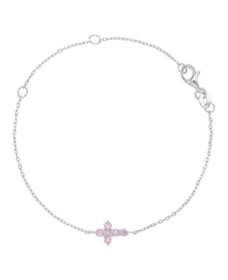 Rhodium Over Sterling Silver Pink Cubic Zirconia Cross Bracelet  