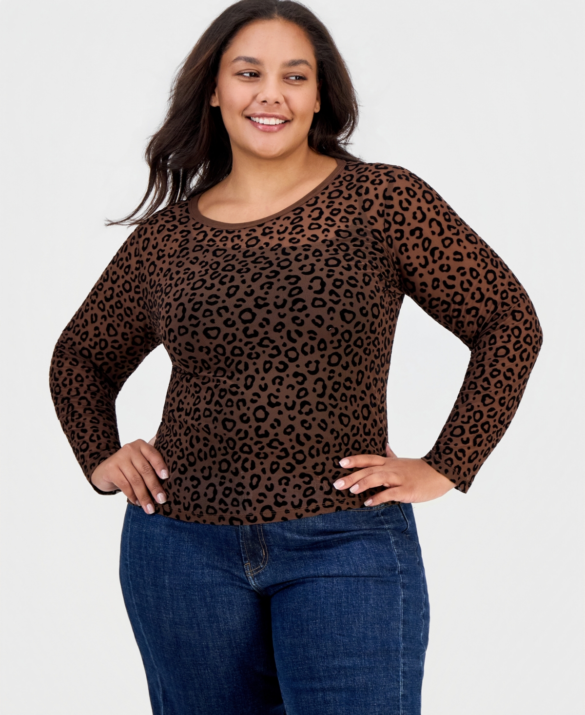 Full Circle Trends Plus Flocked Mesh Long-Sleeve Crewneck Top