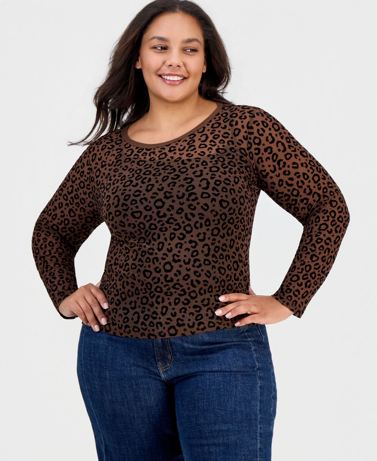 Plus Size Flocked Mesh Long-Sleeve Crewneck Top