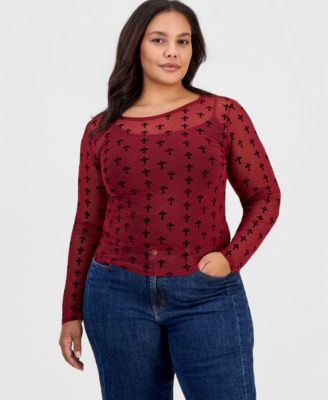 Plus Size Flocked Mesh Long-Sleeve Crewneck Top