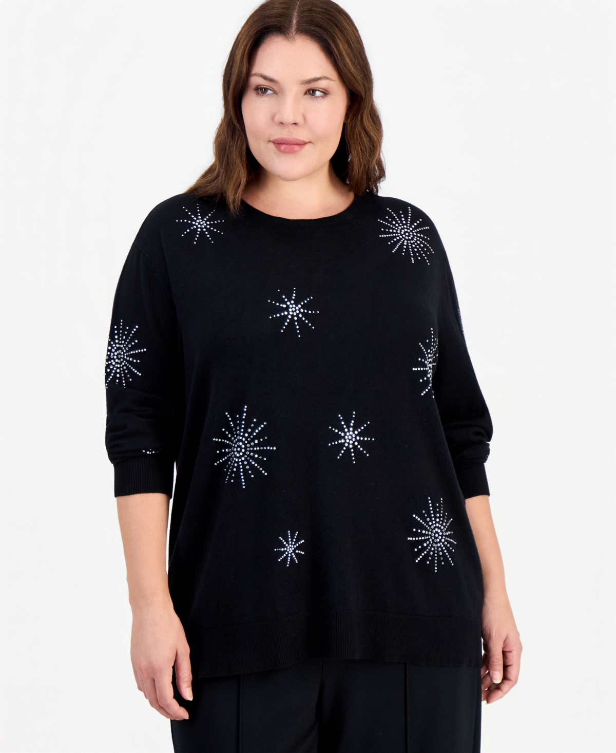 Anne Klein Essentials Plus Crewneck Long-Sleeve Embellished Sweater