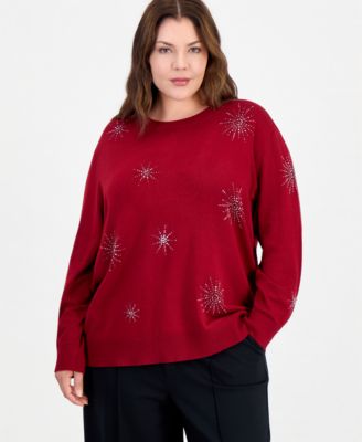 Plus Size Crewneck Long-Sleeve Embellished Sweater