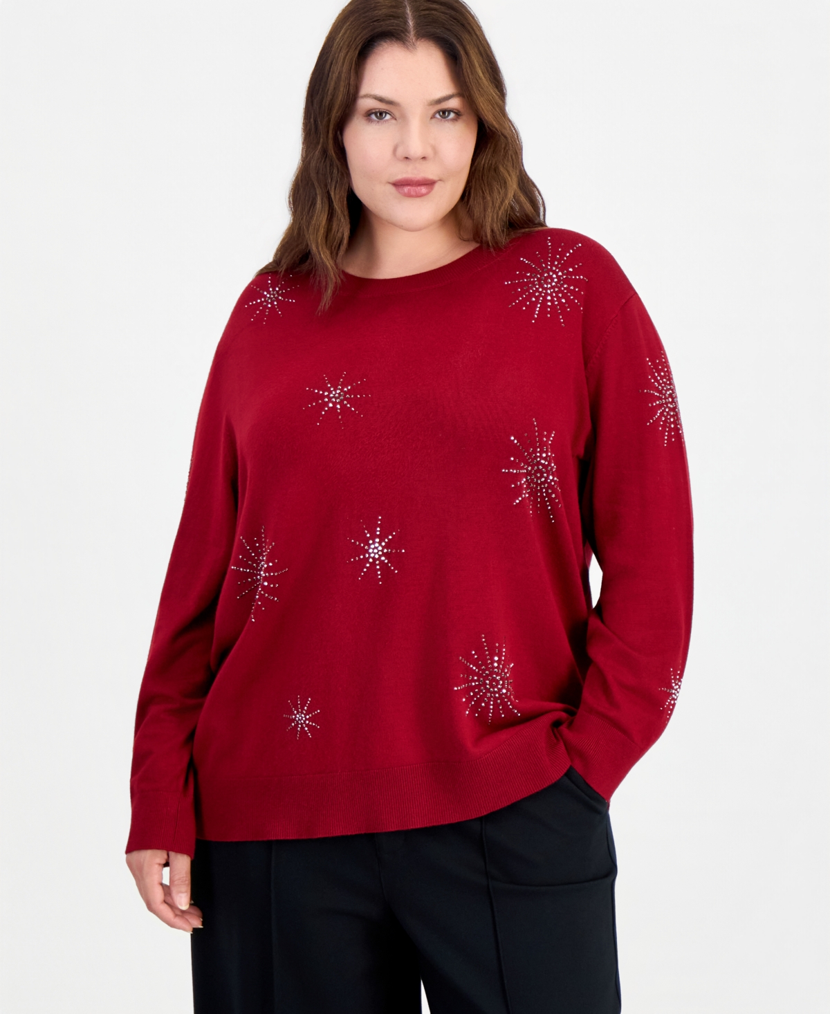 Anne Klein Essentials Plus Size Crewneck Long-Sleeve Embellished Sweater - Titian Red