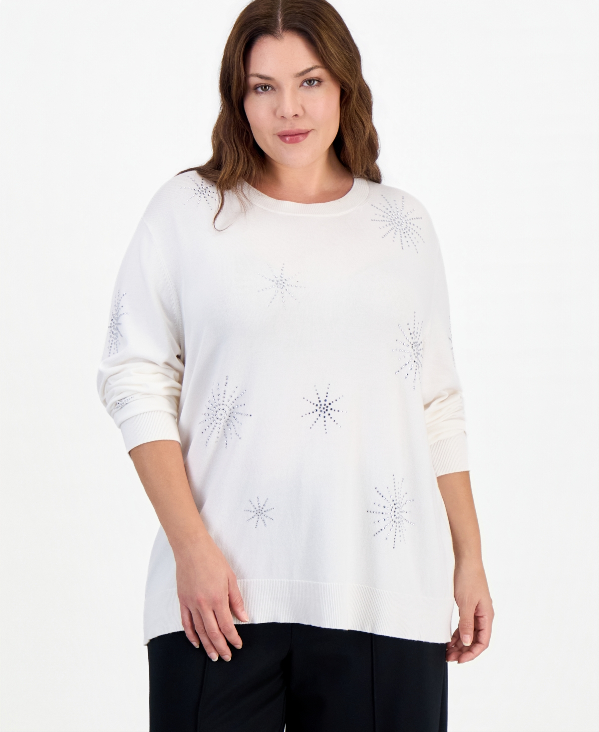 Anne Klein Essentials Plus Size Crewneck Long-Sleeve Embellished Sweater - White Dove